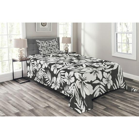 Ambesonne Tropical Bedspread Set Exotic Hibiscus Flower Grey and White | Wayfair