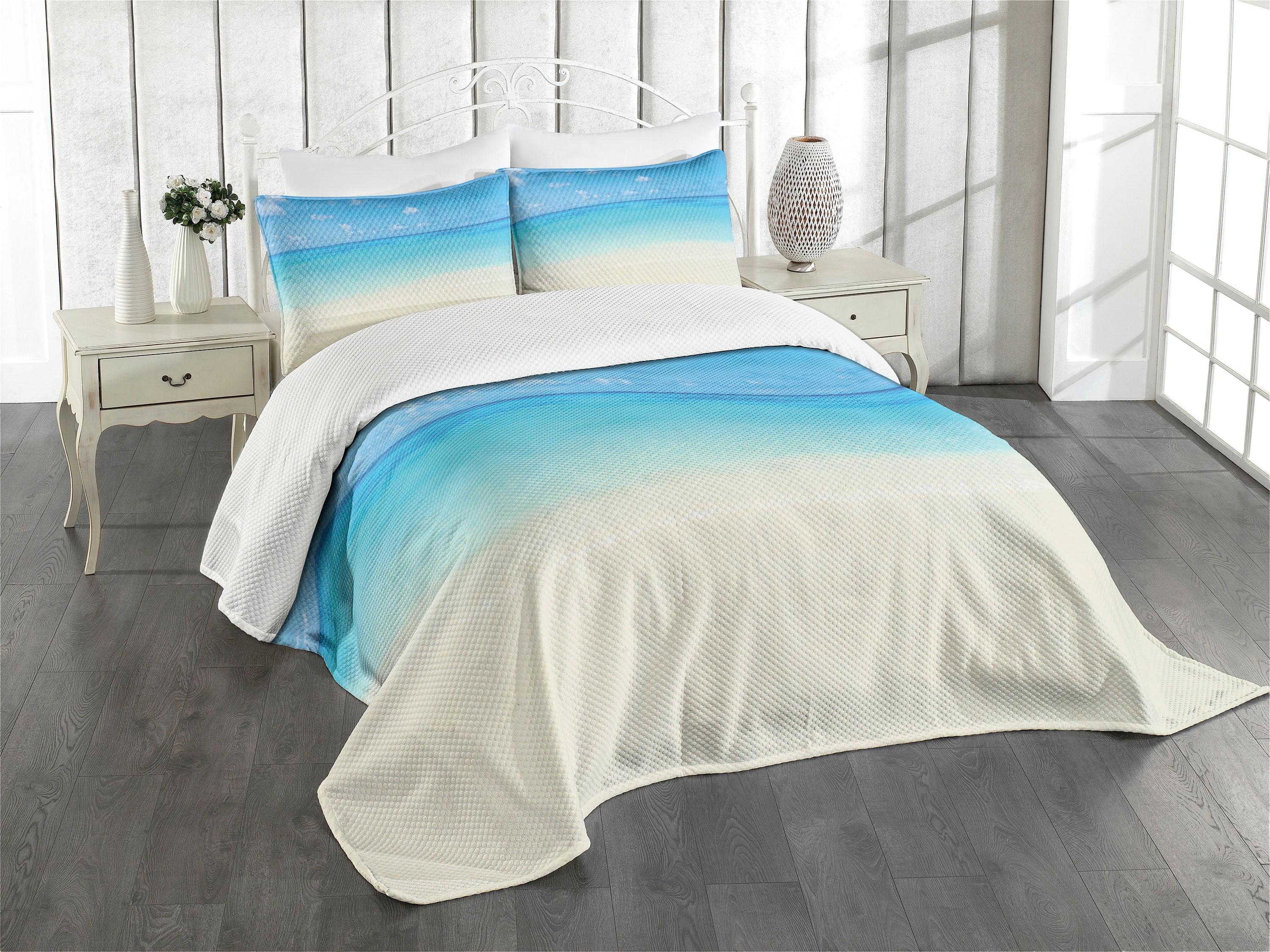 King Size White Quilted Bedspread Set with Coastal Print