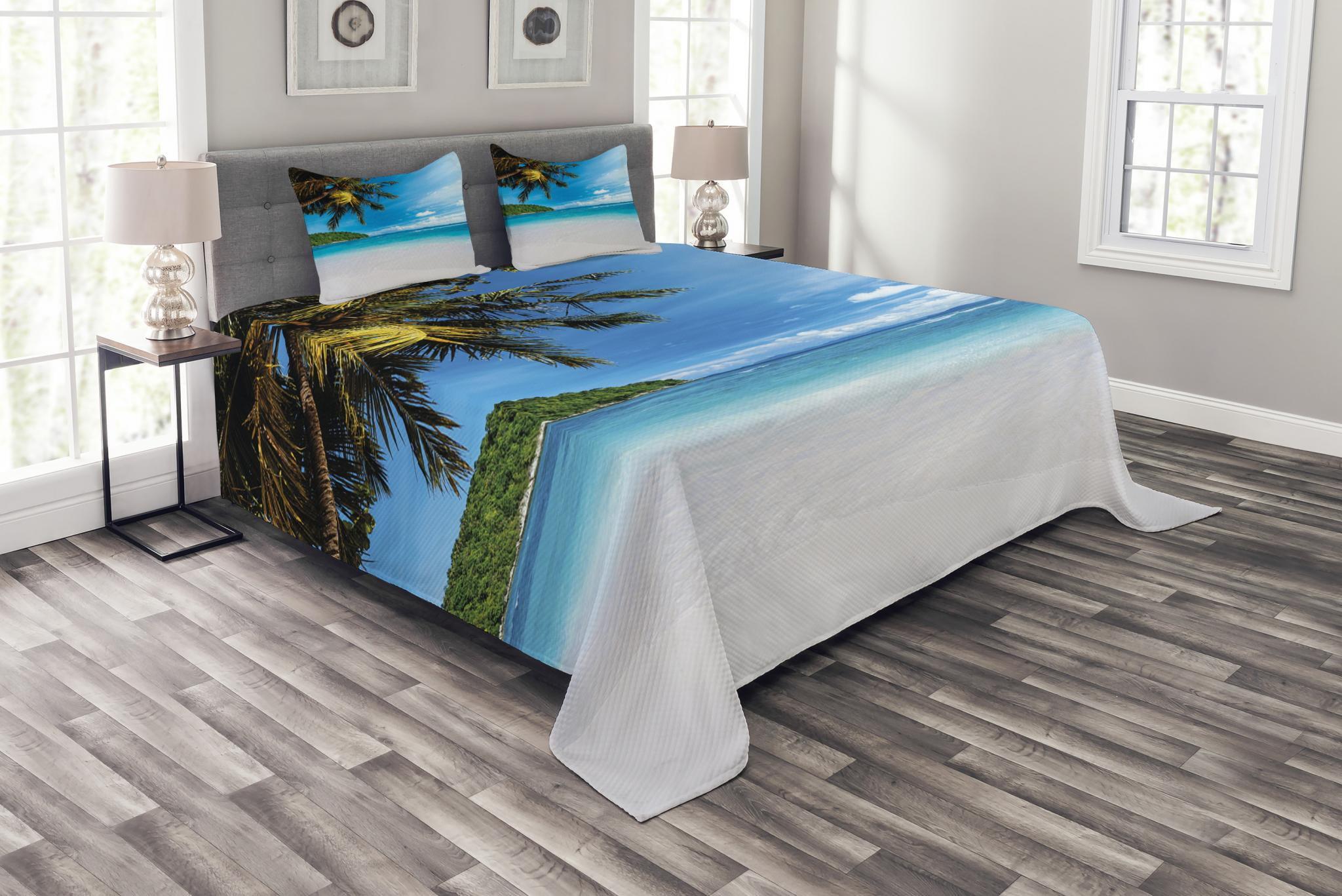 King Size White Tropical Beach Polyester Bedspread Set