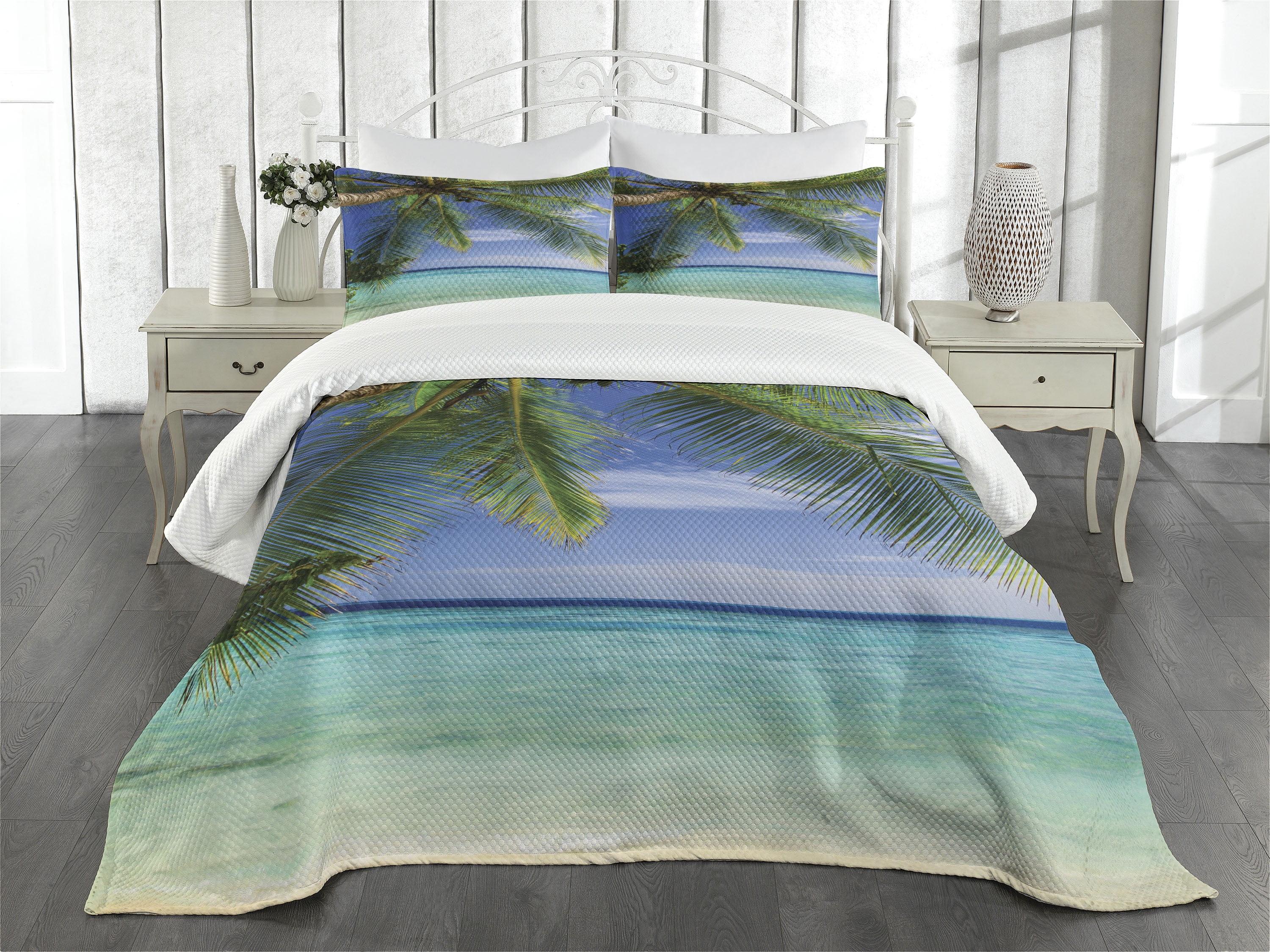 King Size White Quilted Bedspread Set with Tropical Print