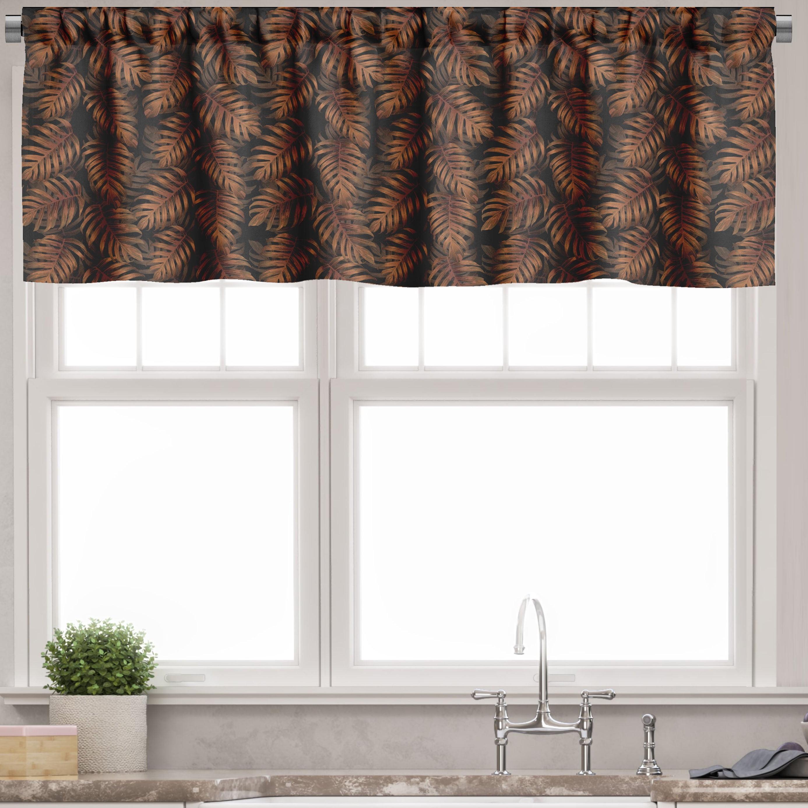 Cinnamon and Charcoal Grey Tropical Leaf Rod Pocket Valance