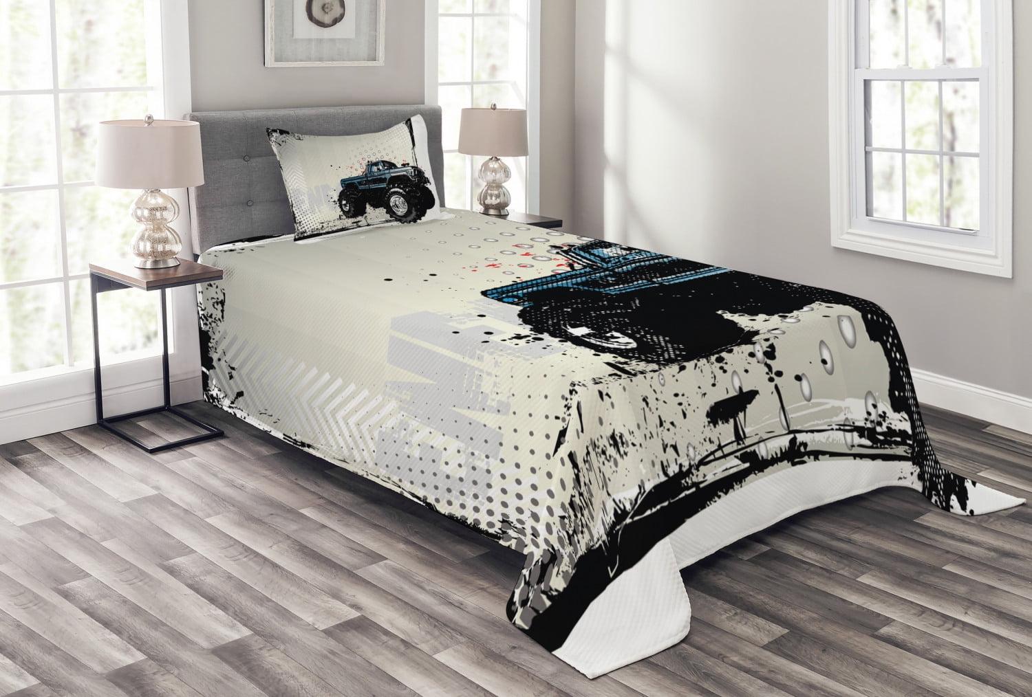 Ambesonne Ambesonne Truck Bedspread Set Halftone Monster Pickup Ivory Blue Black