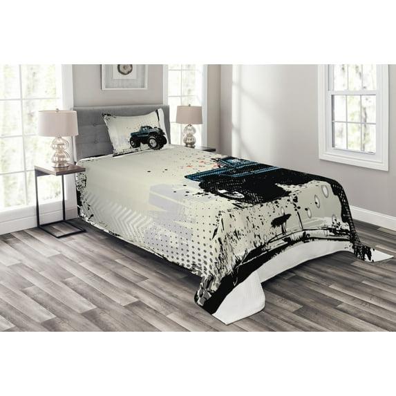 Ambesonne Ambesonne Truck Bedspread Set Halftone Monster Pickup Ivory Blue Black