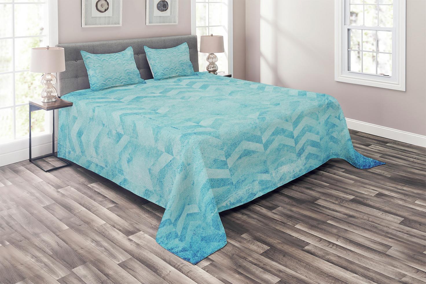 King Size Turquoise Quilted Chevron Bedspread Set