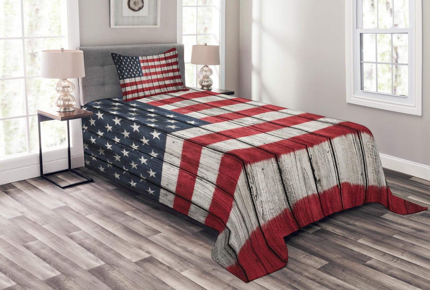 Twin White Quilted Bedspread Set with American Flag Design