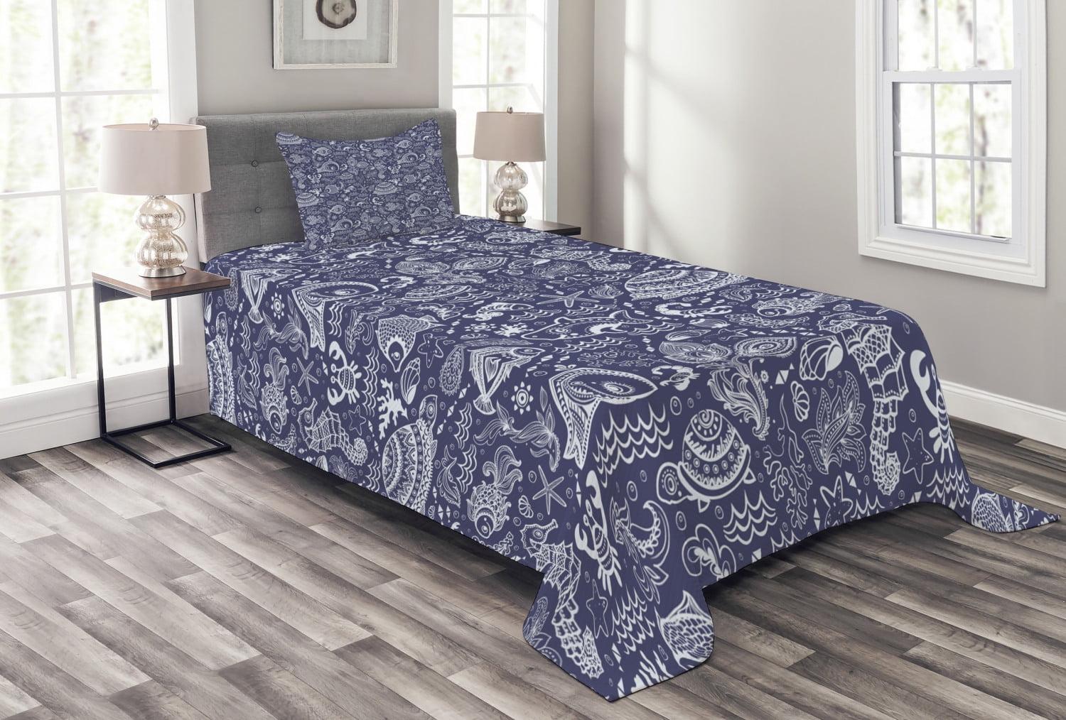 Navy Blue and White Twin Reversible Polyester Bedspread Set