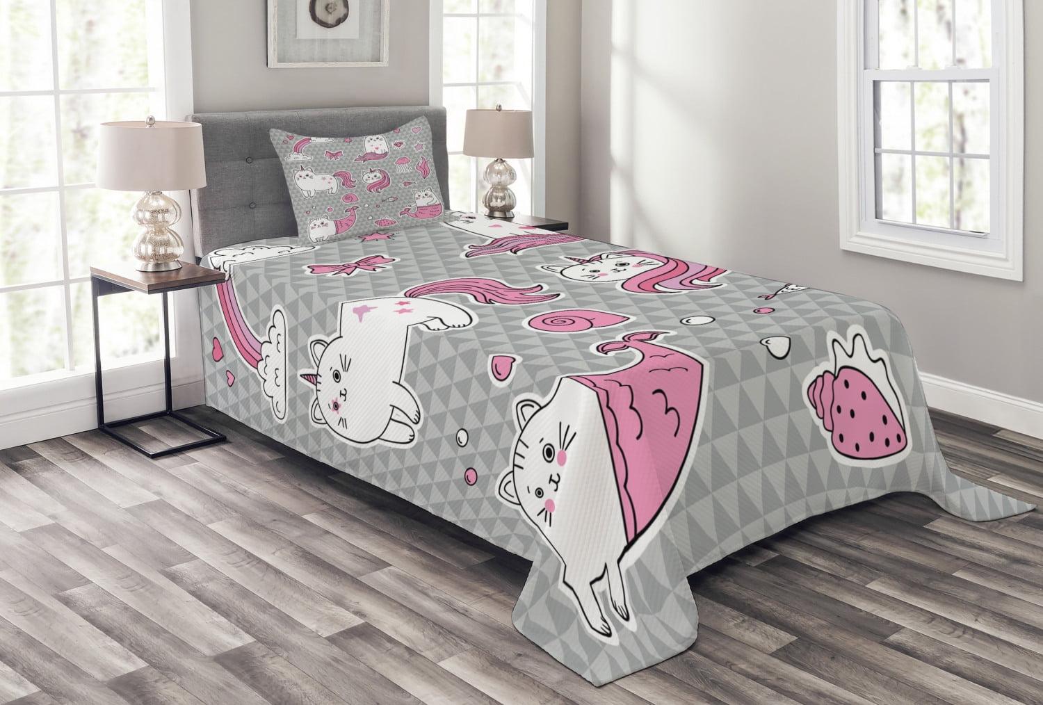 Ambesonne Ambesonne Unicorn Cat Bedspread Set Mermaid Cat Grey Pale Pink White