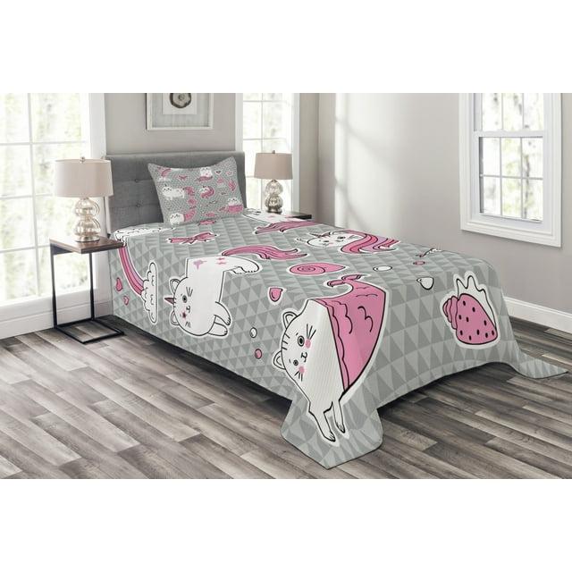 Ambesonne Ambesonne Unicorn Cat Bedspread Set Mermaid Cat Grey Pale Pink White