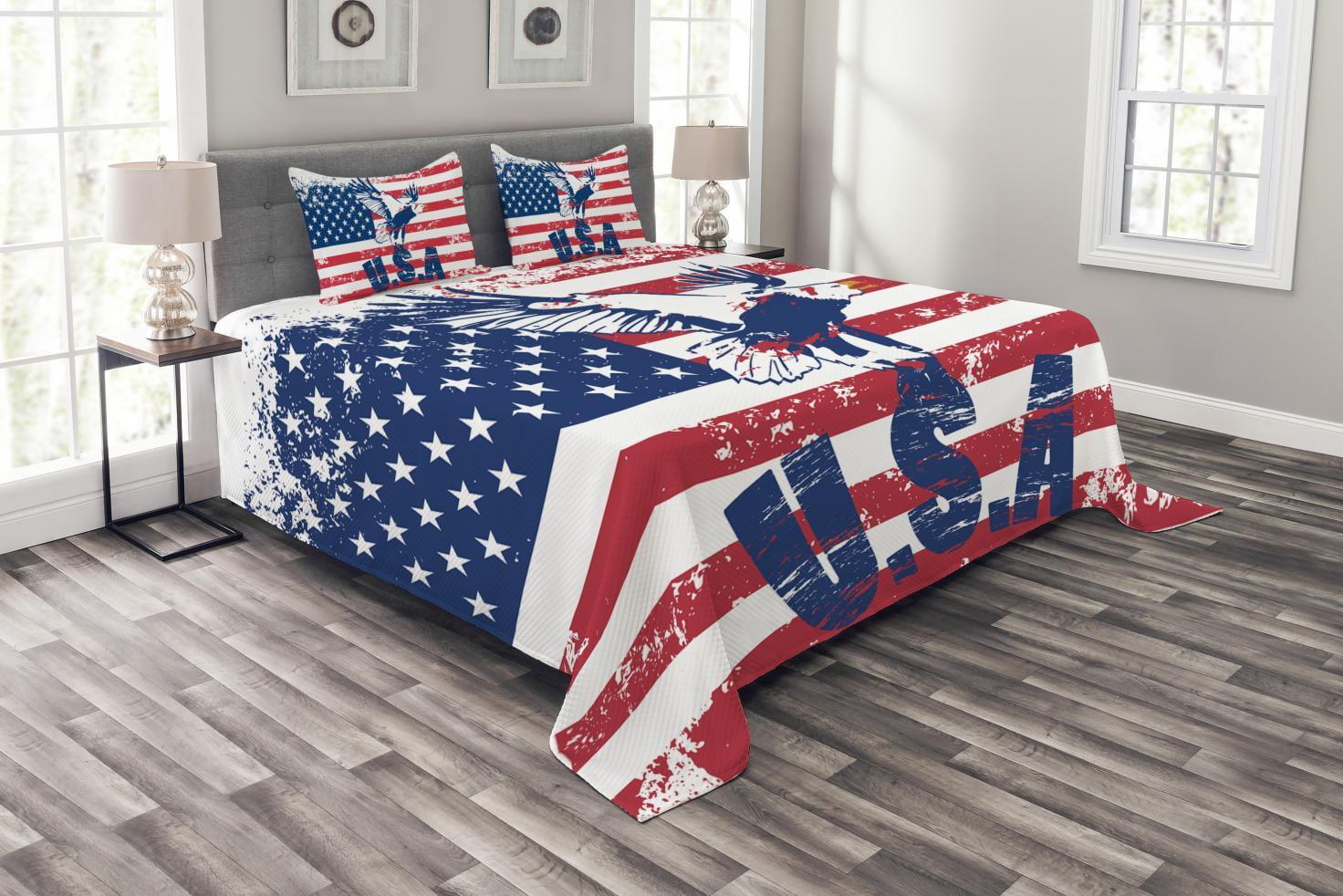 Patriotic USA Flag and Eagle King Bedspread Set in White