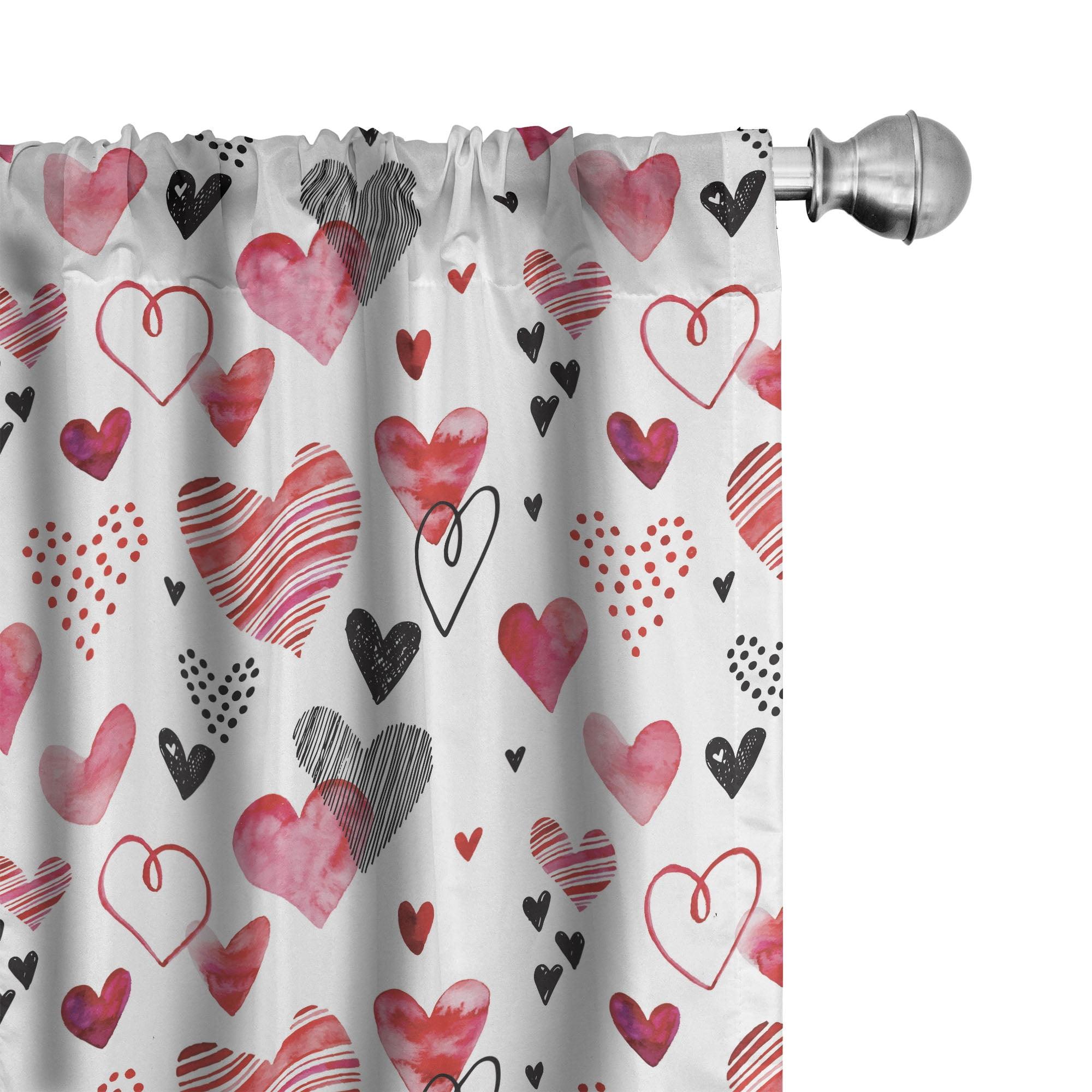 Romantic Hearts Pink Black White Polyester Rod Pocket Curtain Panels