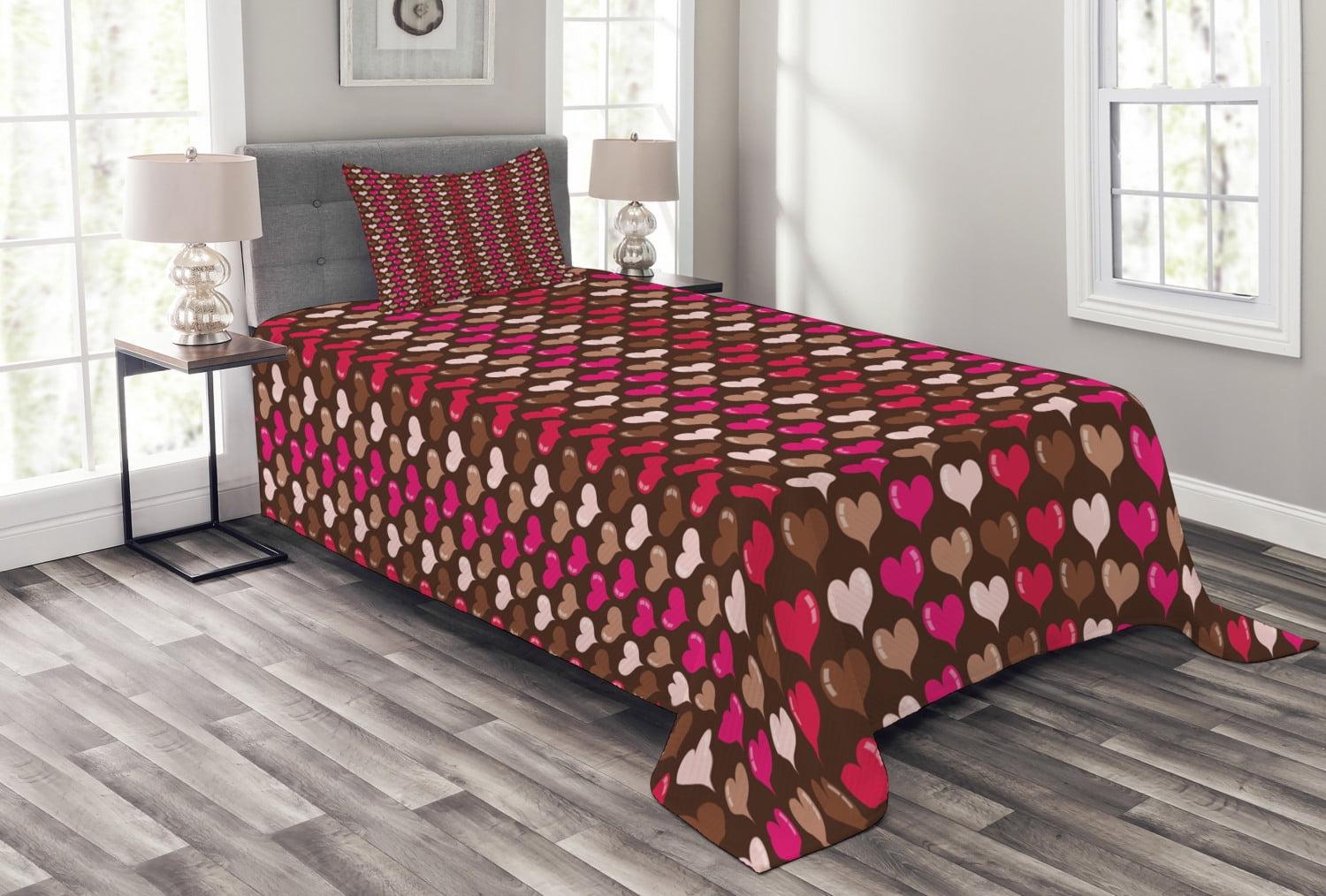 Twin Brown and Fuchsia Heart Pattern Coverlet Set