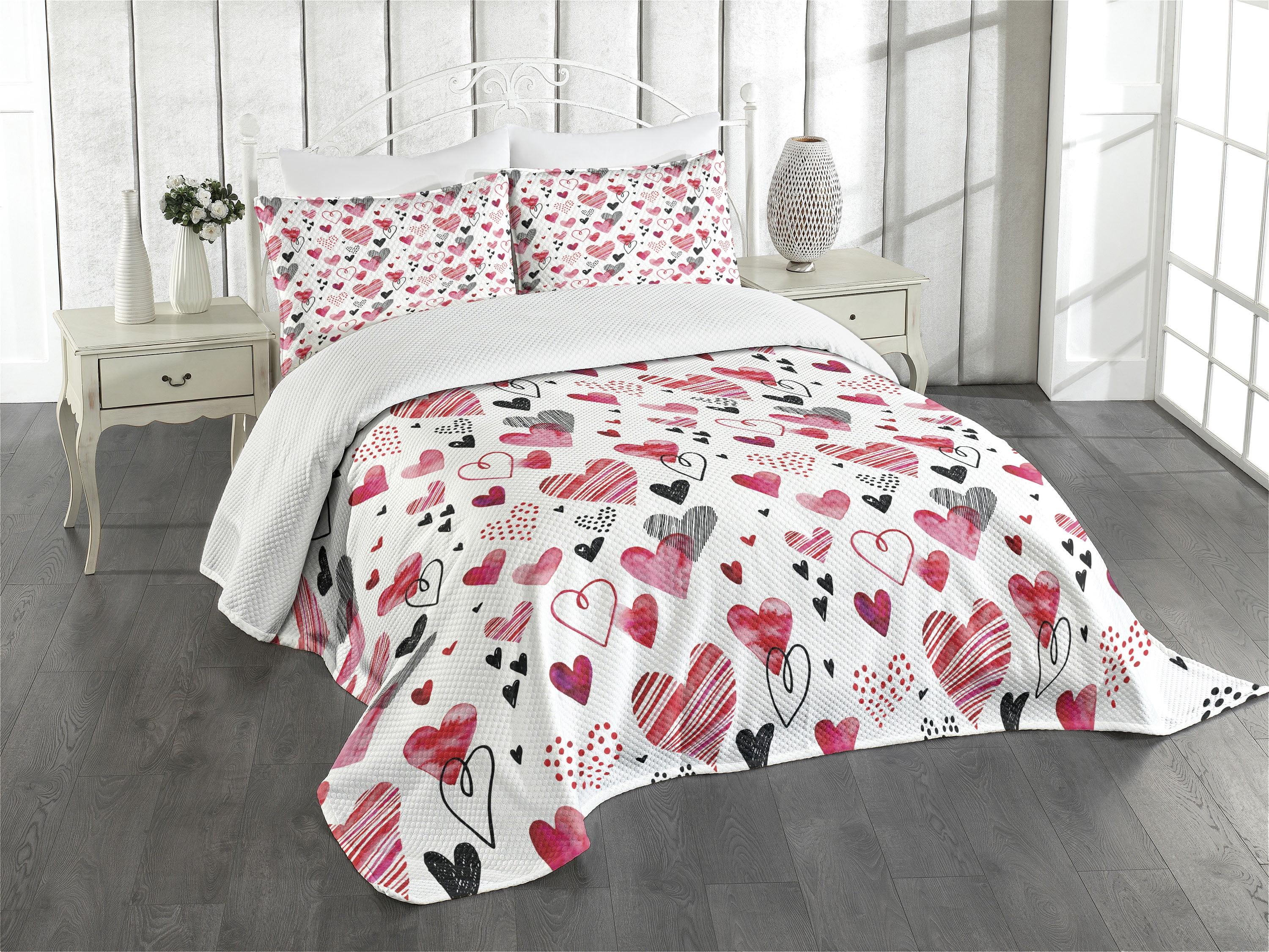 Queen Quilted Bedspread Set with Heart Designs in Black, Red, and Pink