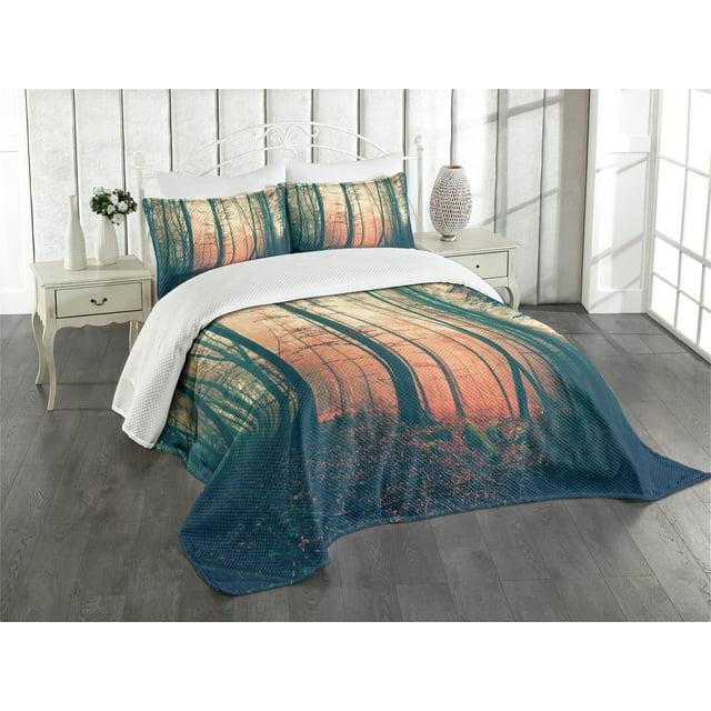 Ambesonne Ambesonne Vintage Bedspread Set Autumn Forest Woodland Coral Dark Green