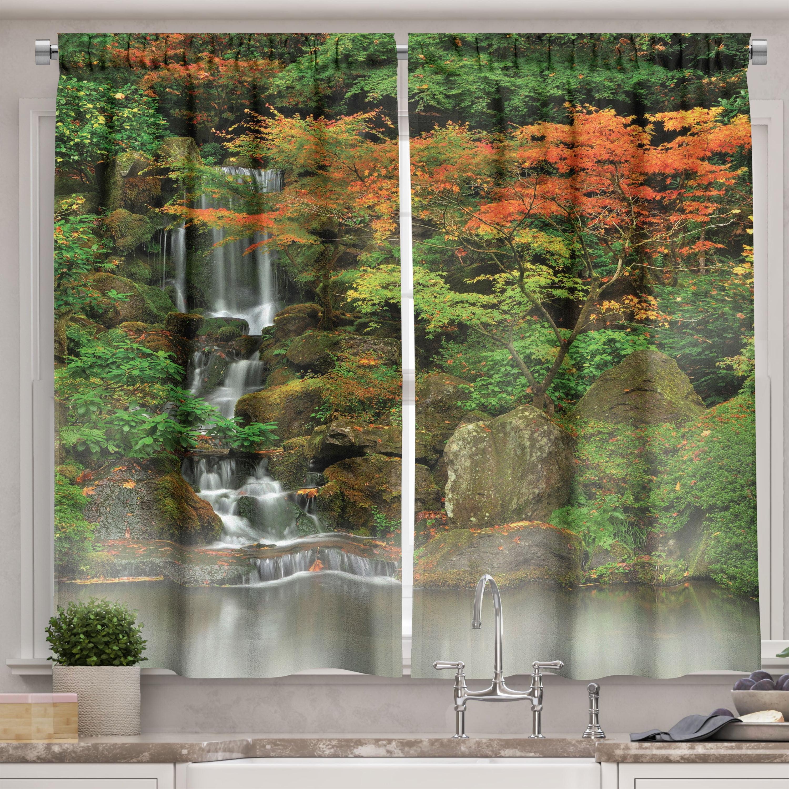 Nature Waterfall Orange Brown Polyester Kitchen Tier Curtains