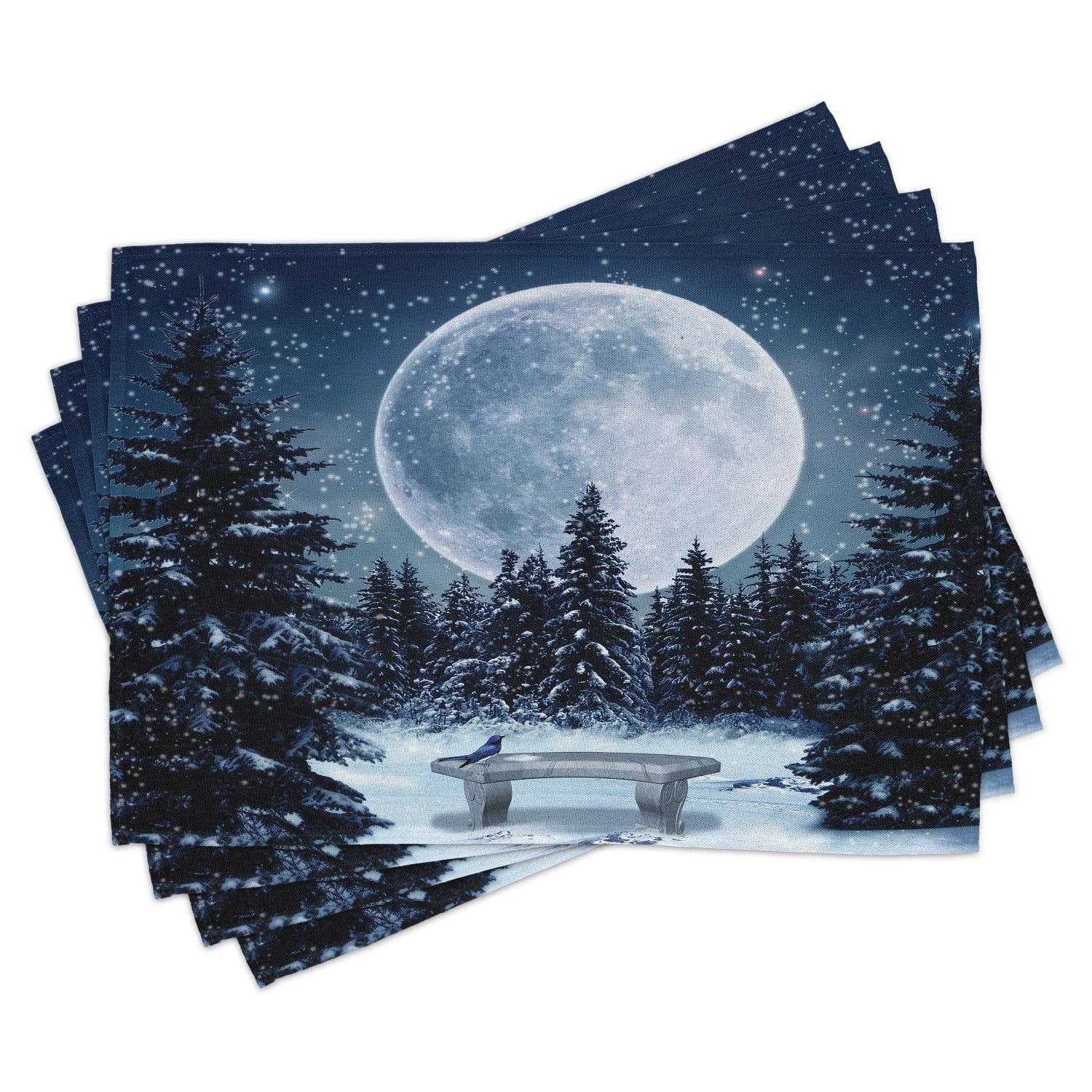 Winter Moonlight Forest Blue and White Fabric Placemats Set of 4