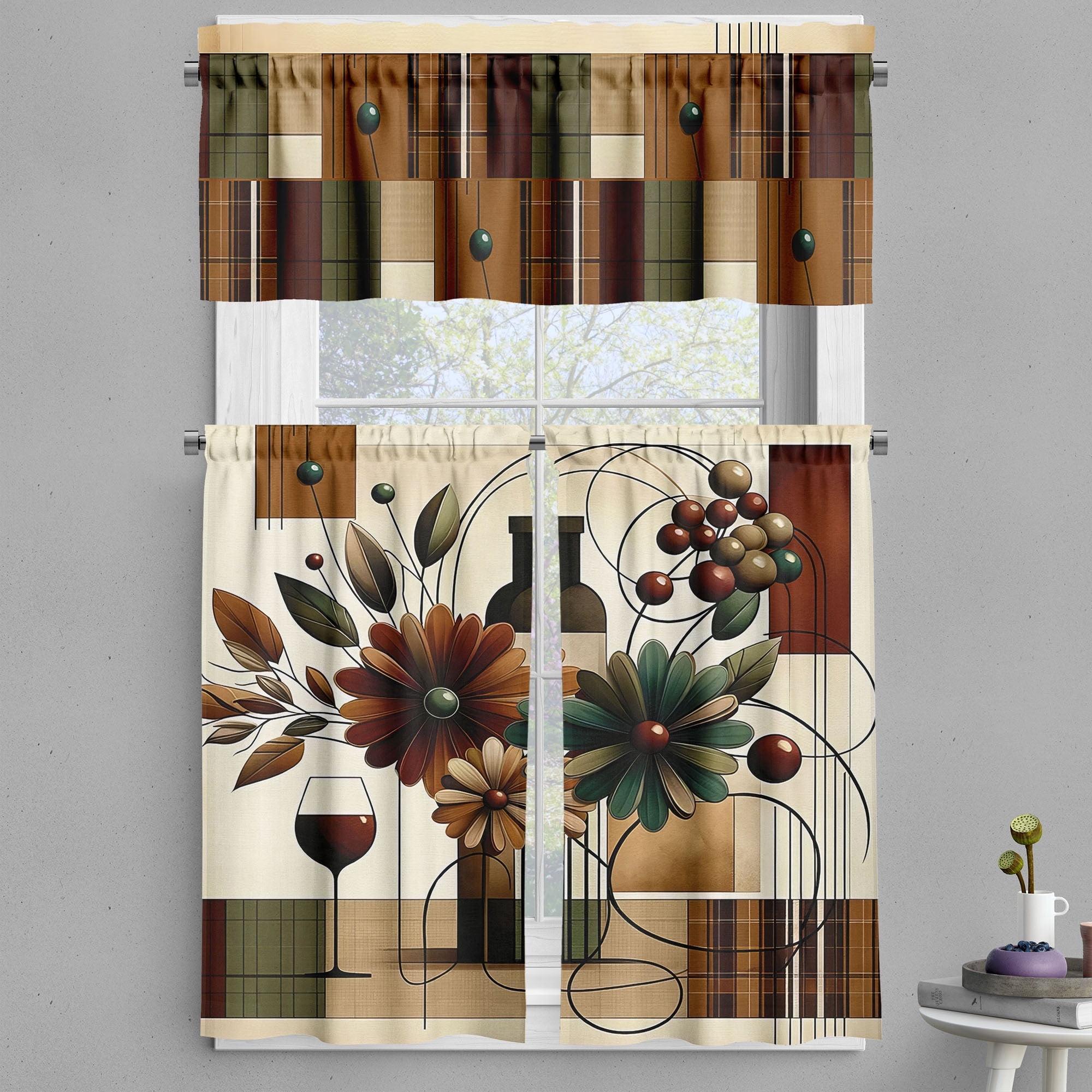 Rustic Floral and Wine Print Kitchen Curtain Set, 55" x 45"