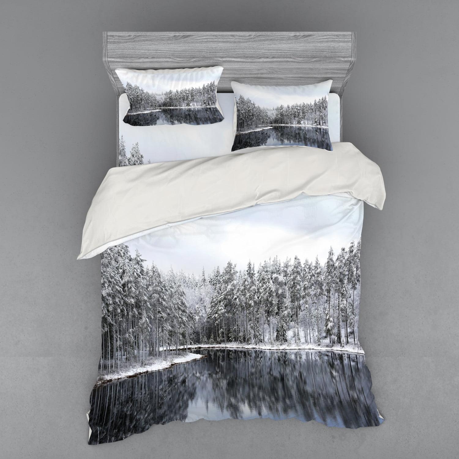 Winter Forest Scene Queen Duvet Cover Set with Pillow Shams