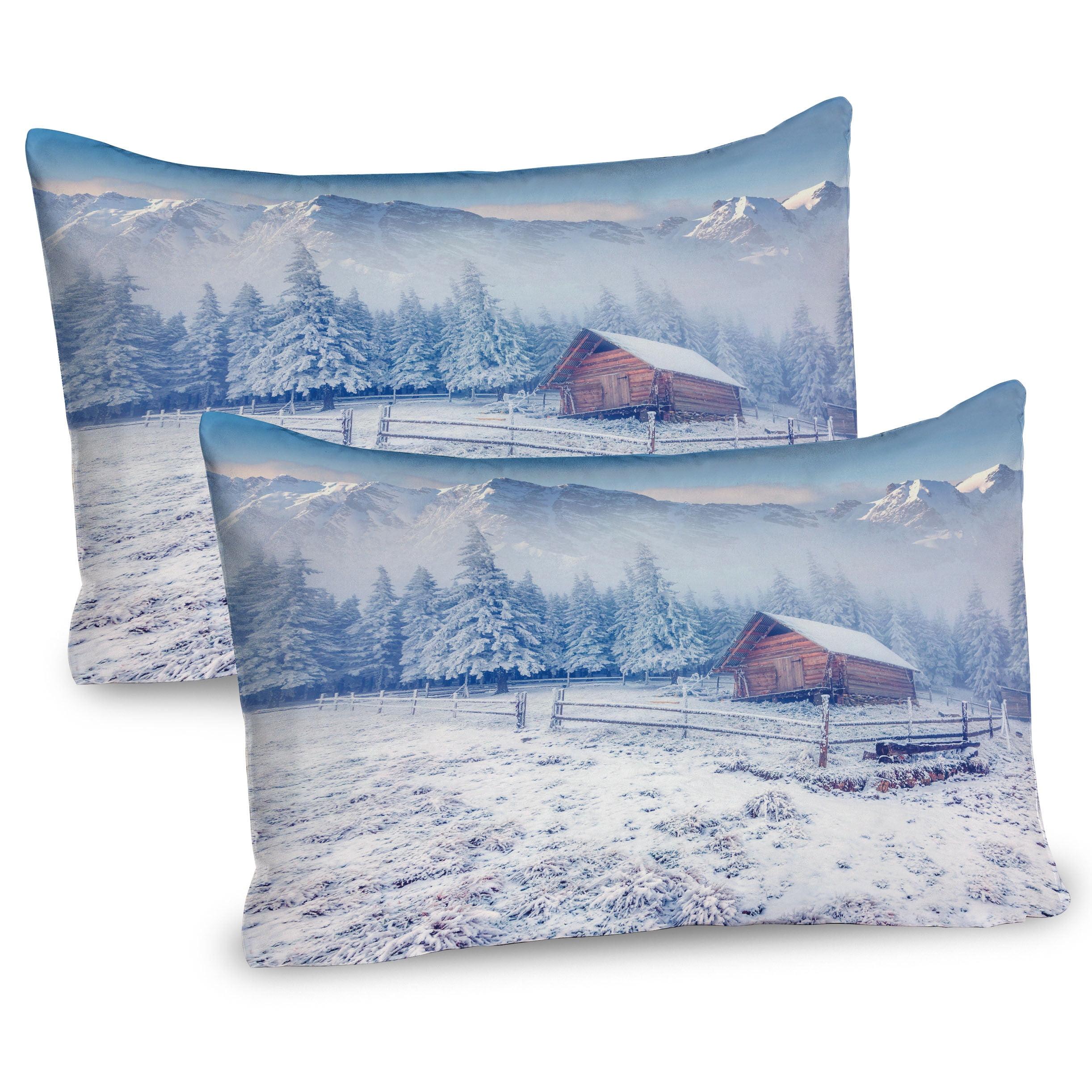 Winter Farmhouse Caramel White Blue Microfiber Pillow Sham Set