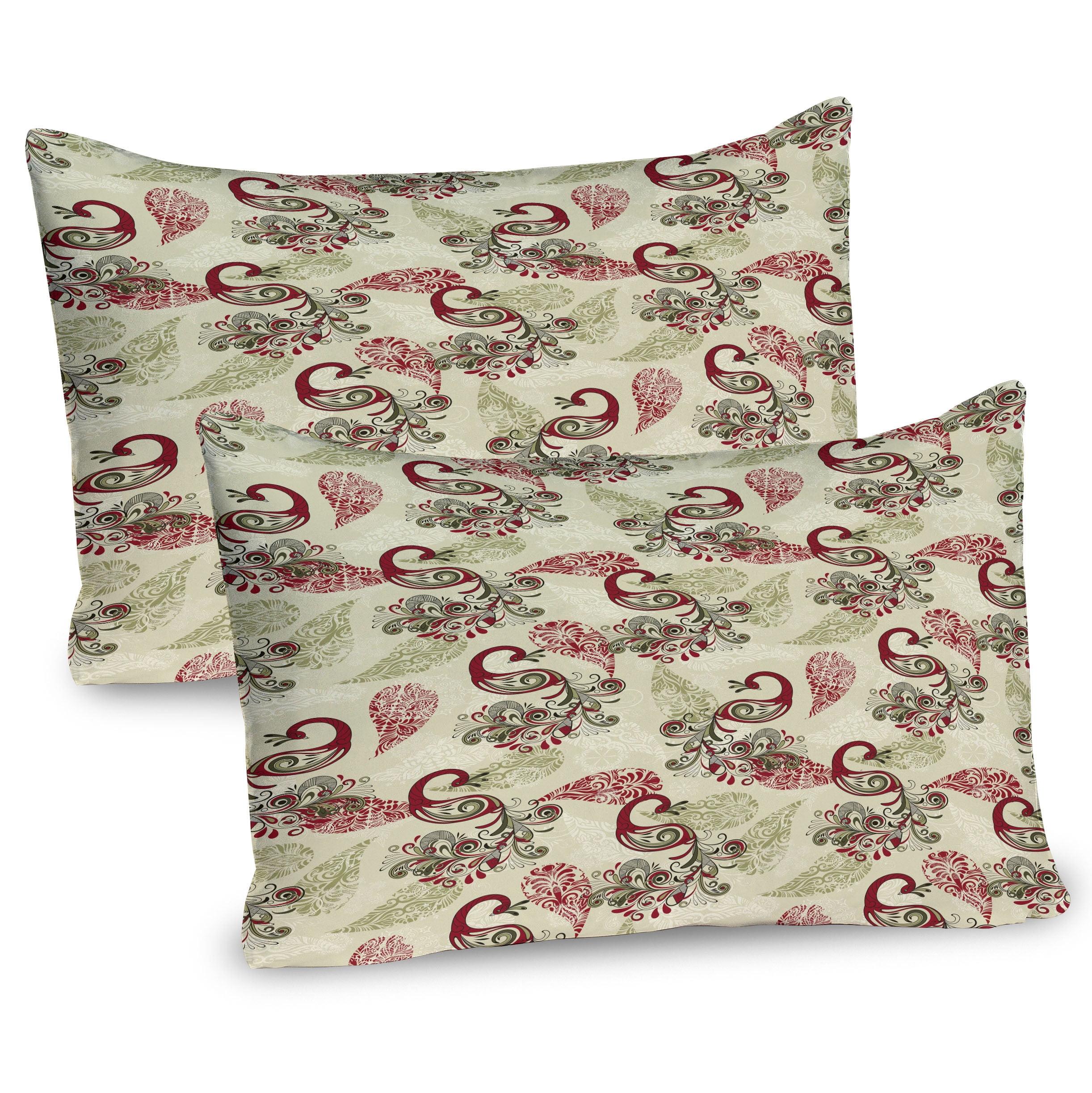 Ambesonne Winter Pillow Sham 2 Pack Peacocks and Snowflakes 26"x20" Ruby Olive Green Cream