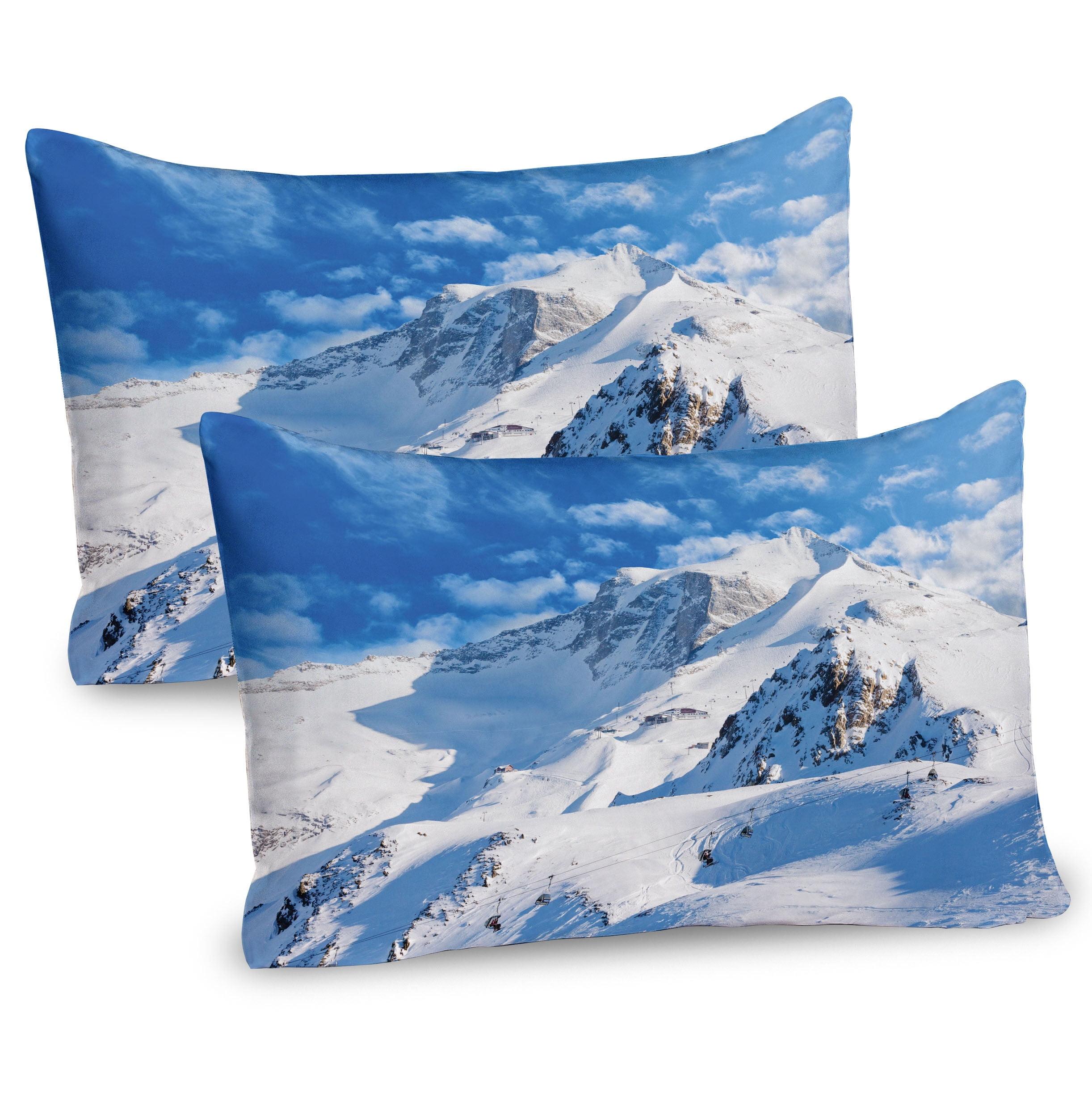 Winter Mountain Scene White and Blue Microfiber Pillow Shams