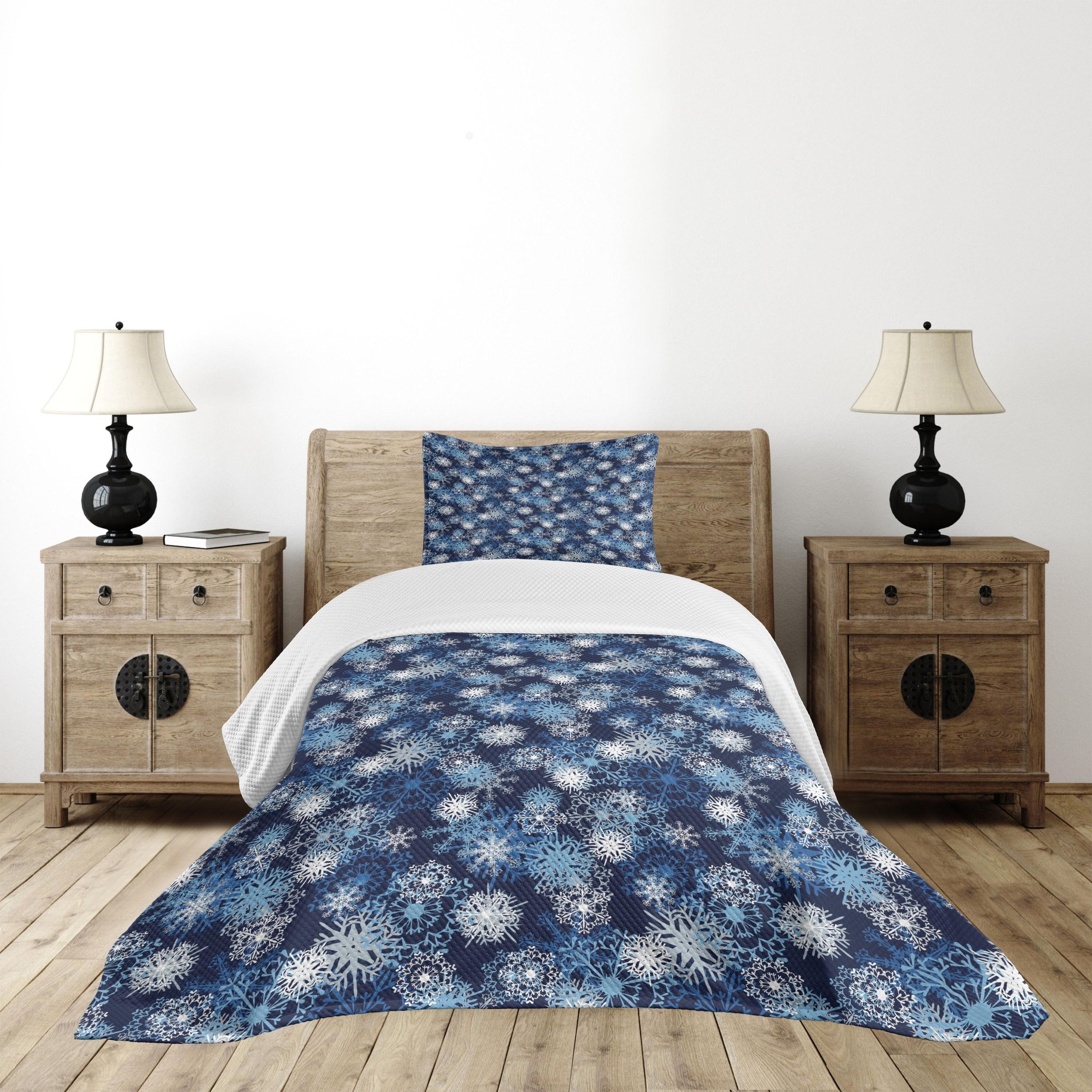 Blue and White Twin Quilted Bedspread Set with Snowflakes