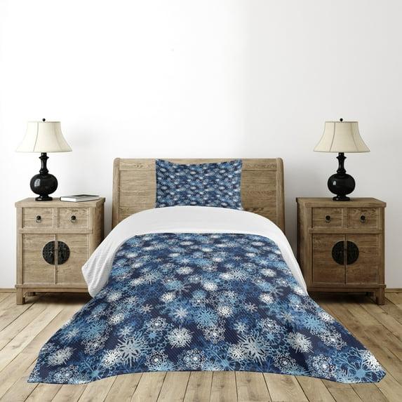 Ambesonne Ambesonne Winter Bedspread Set Ornate Snowflakes Xmas Pale Blue Dark Blue