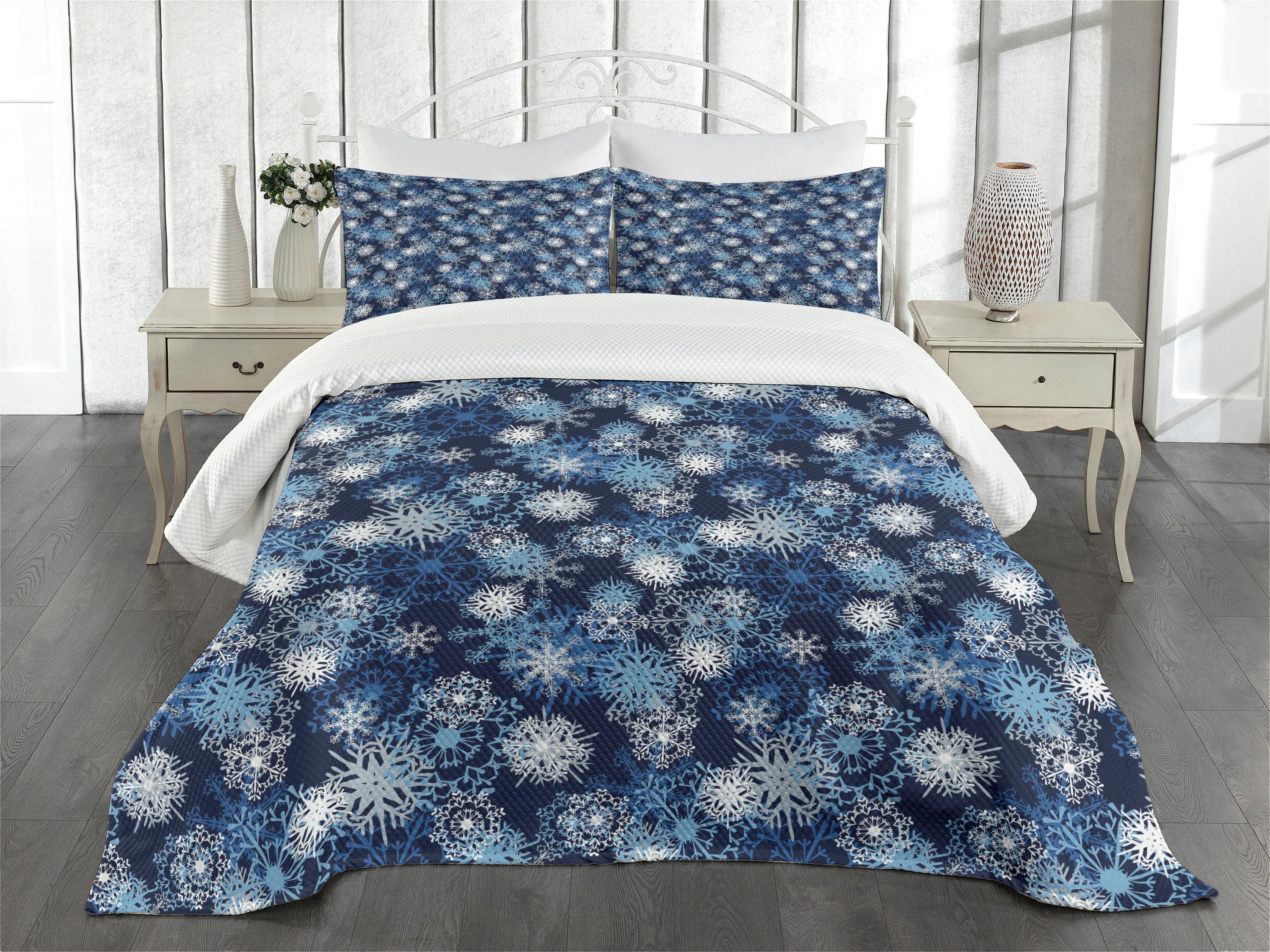 Ambesonne Winter Bedspread Set Ornate Snowflakes Xmas Pale Blue Dark Blue