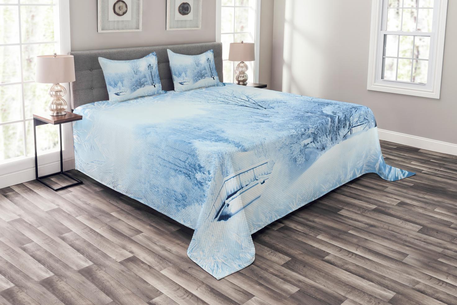 Winter Wonderland Blue and White Quilted Queen Bedspread Set