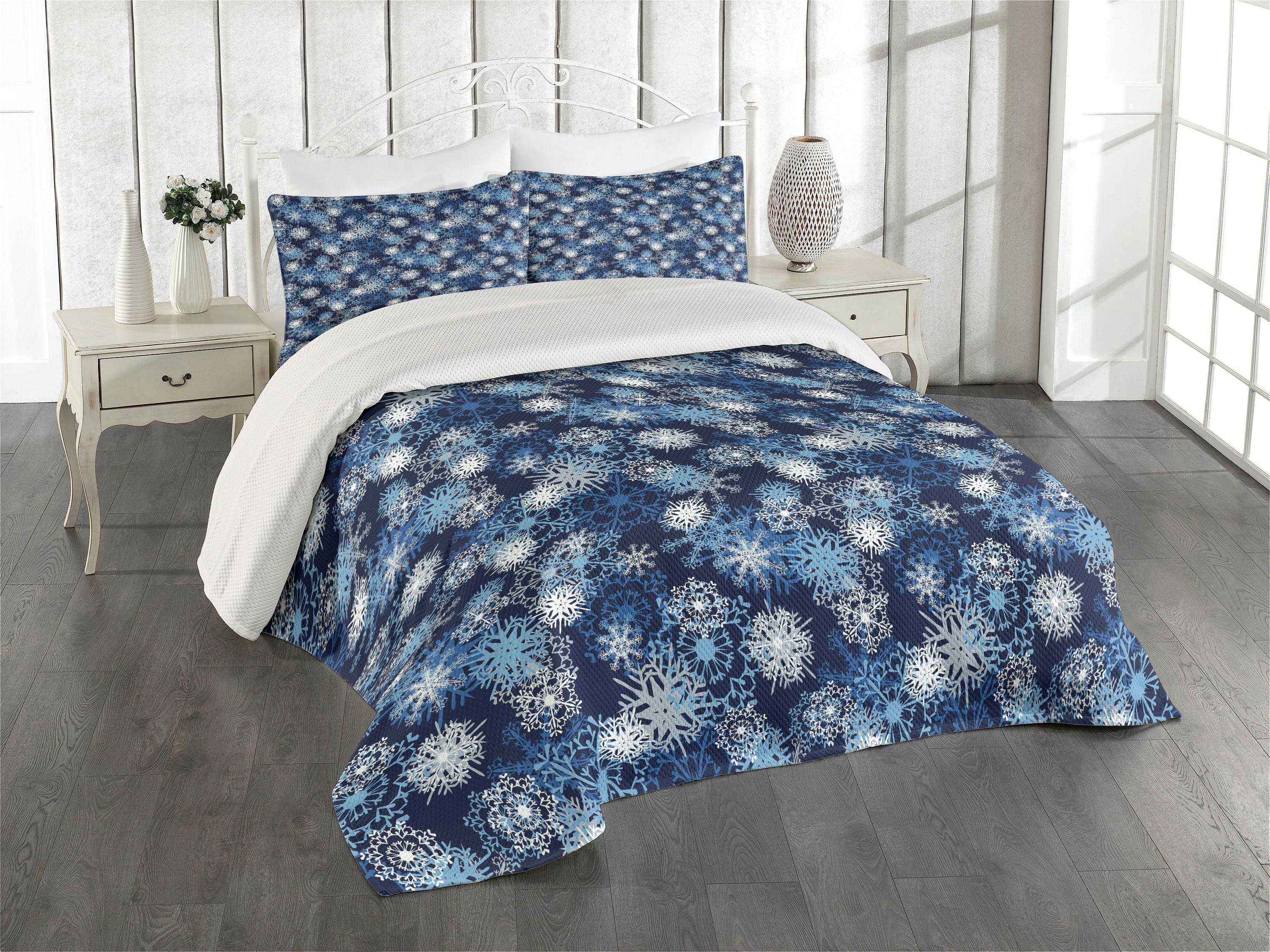 King Size Blue Quilted Bedspread Set with Snowflake Pattern