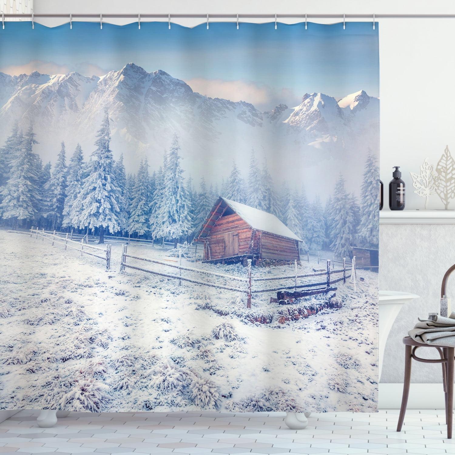 Winter Farmhouse Scene Fabric Shower Curtain 69" x 70"