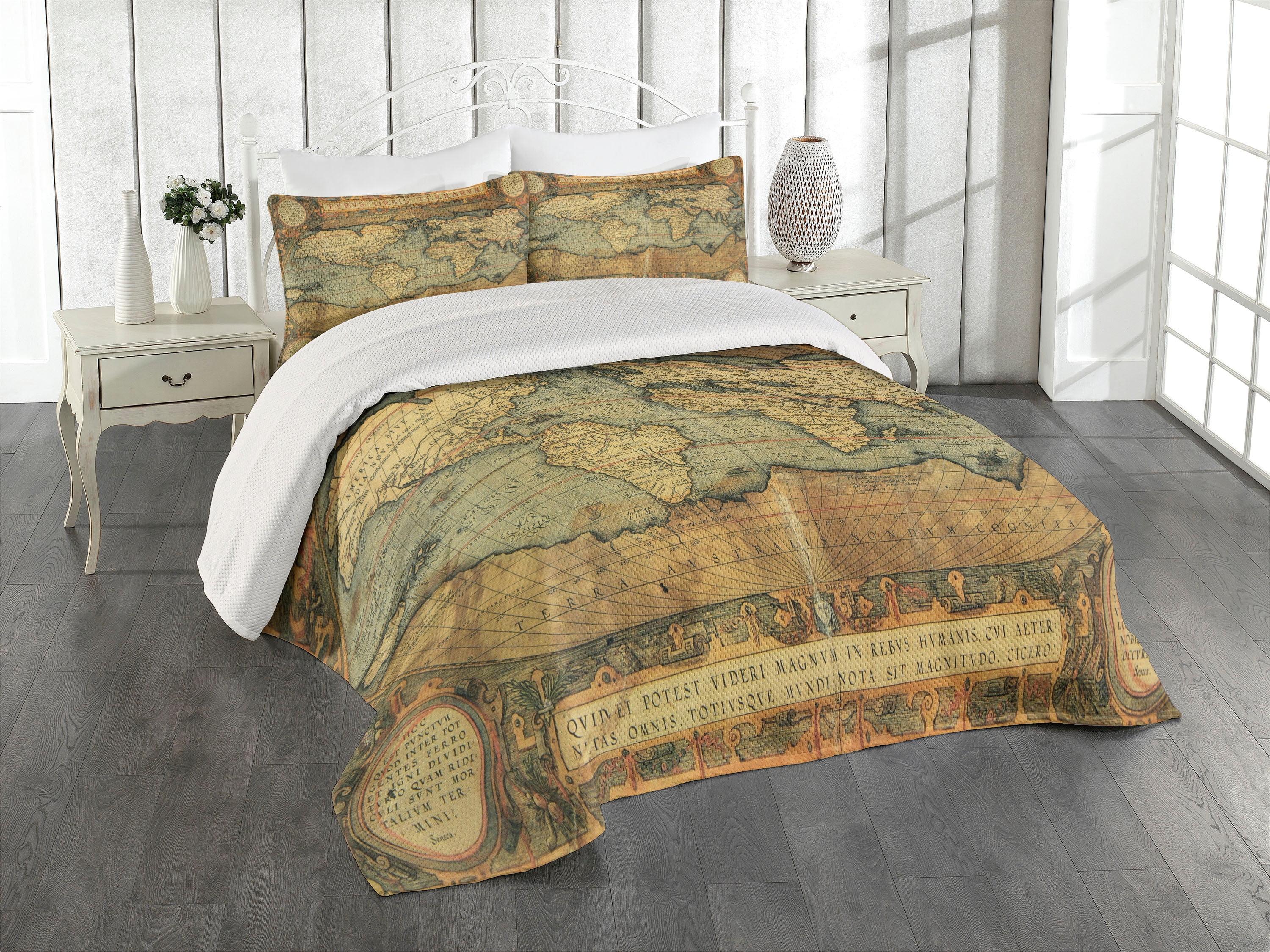 Ambesonne Ambesonne World Map Bedspread Set Retro Atlas Illustration Sand Brown Slate Blue