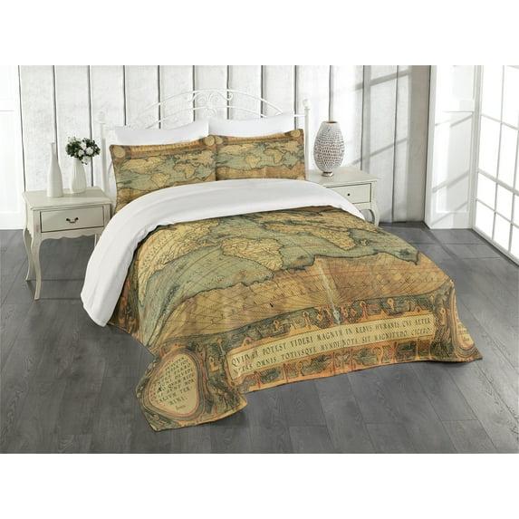 Ambesonne Ambesonne World Map Bedspread Set Retro Atlas Illustration Sand Brown Slate Blue