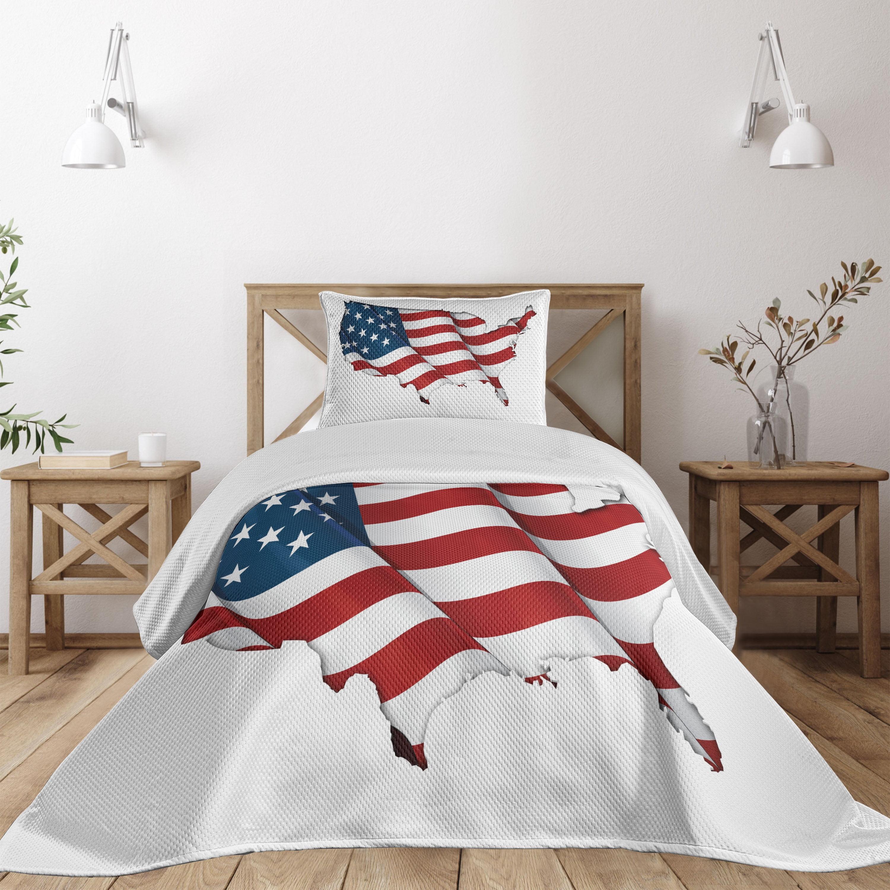 Twin White Quilted Bedspread Set with USA Flag Design