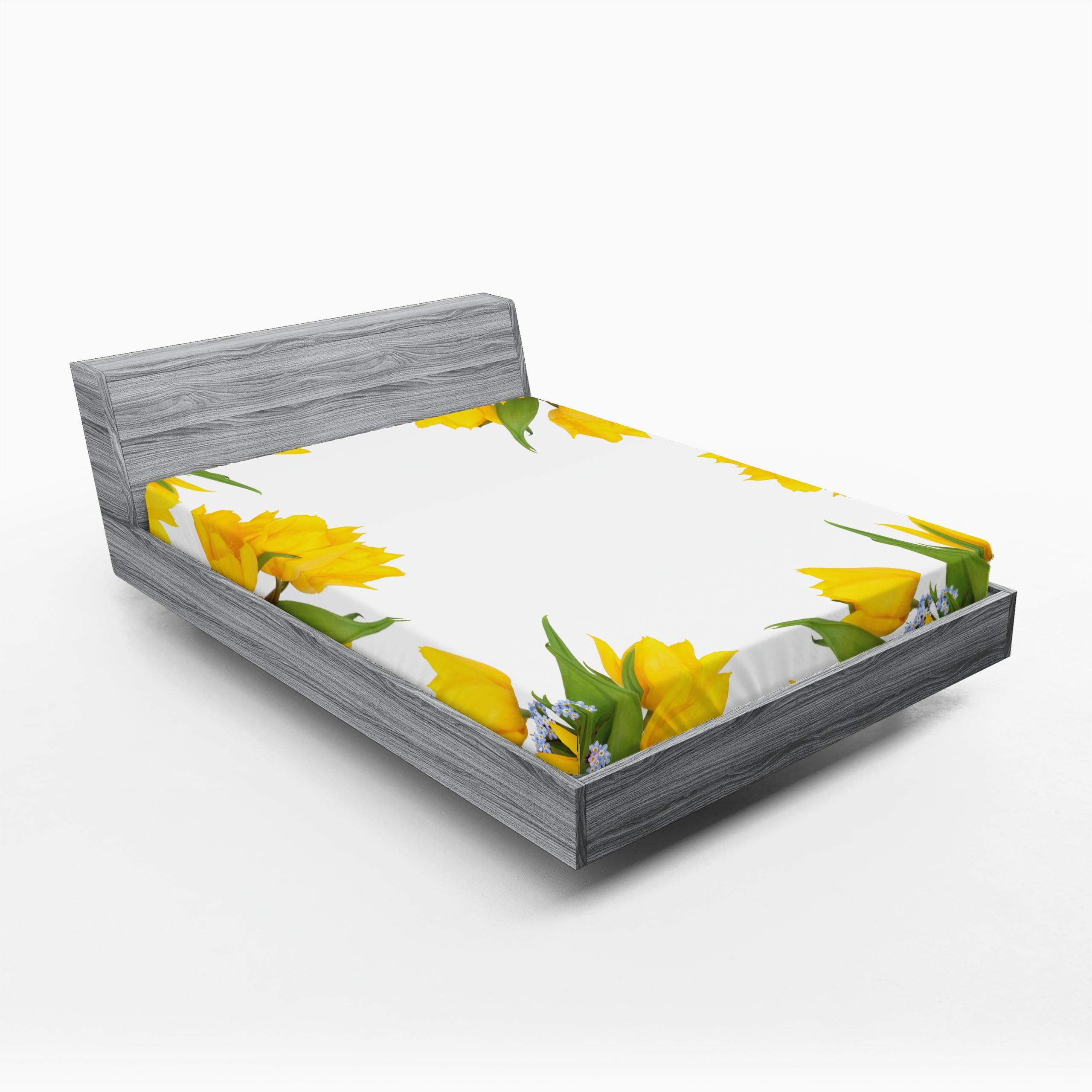 Queen White Microfiber Fitted Sheet with Yellow Tulip Print