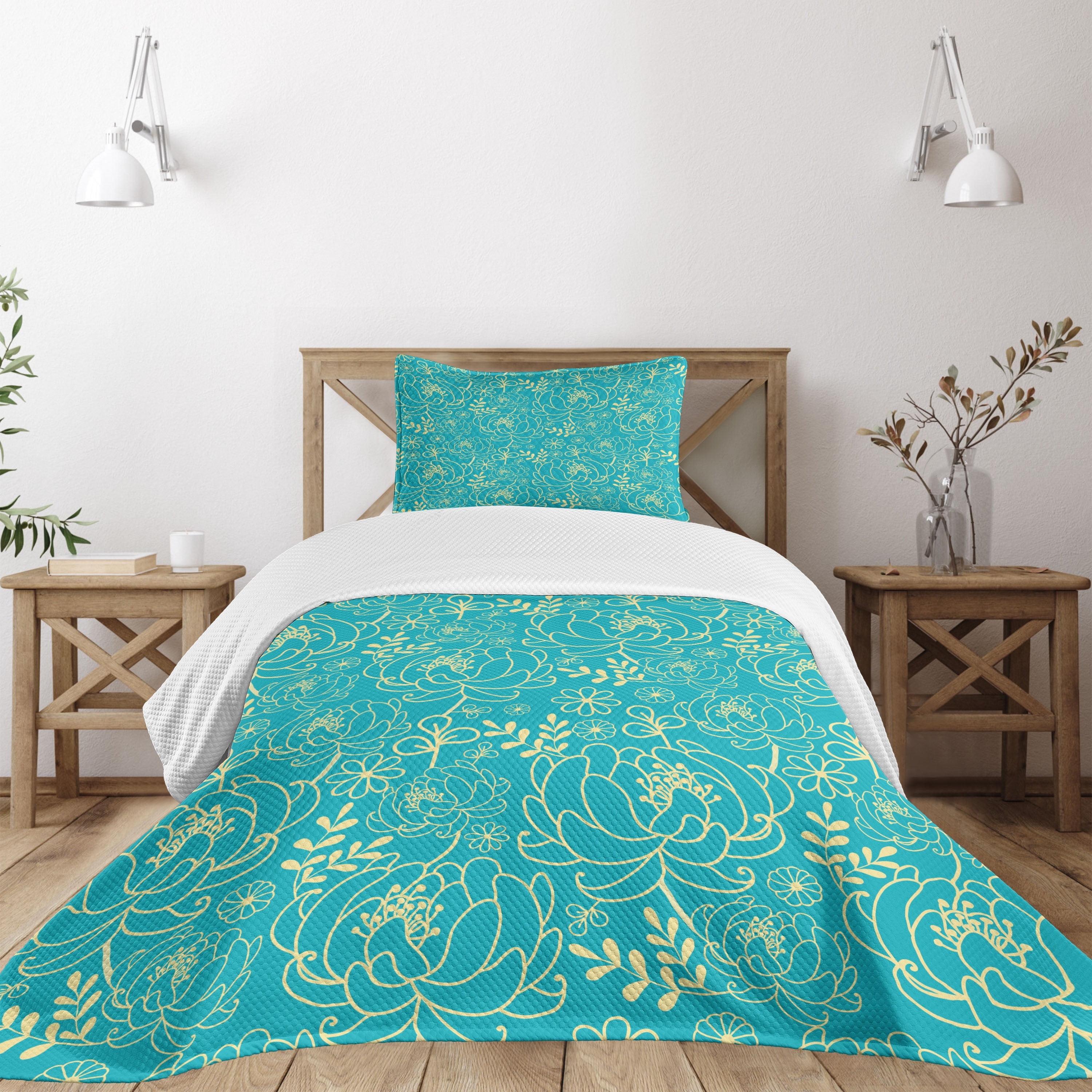 Turquoise and Yellow Floral Twin Quilted Bedspread Set