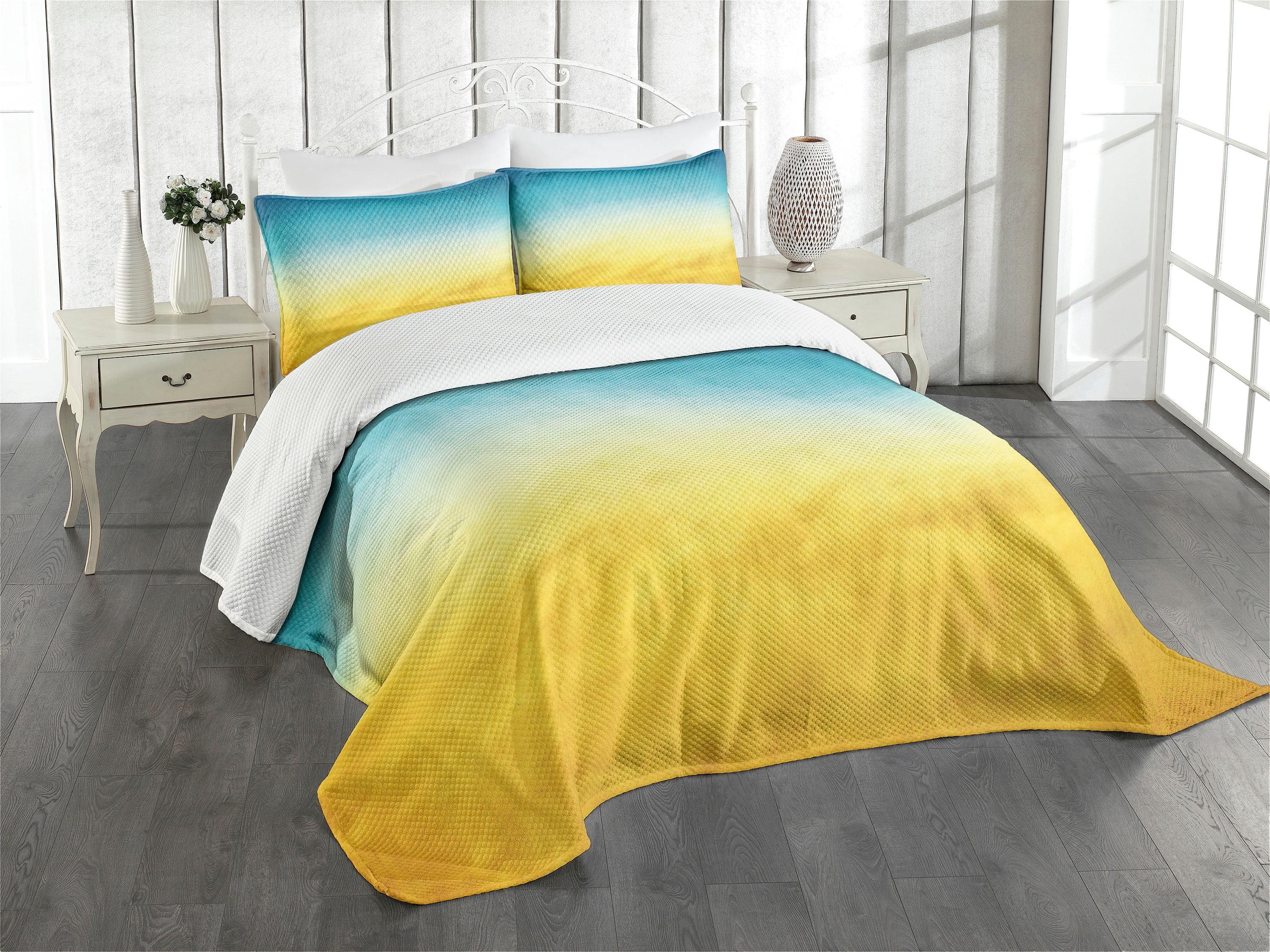 Sky Blue and Yellow Quilted Queen Bedspread Set