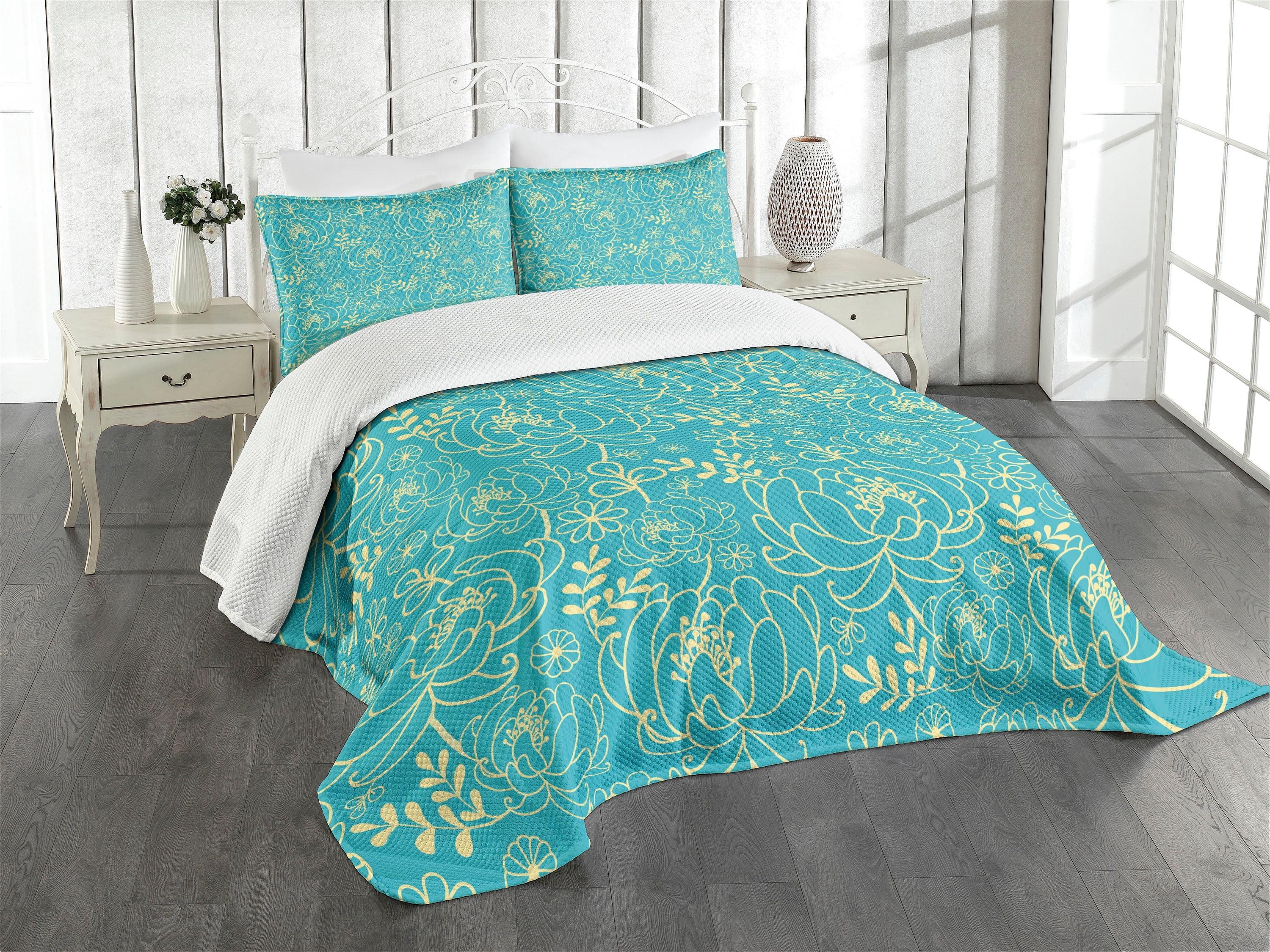 King Blue Quilted Bedspread Set with Pillow Shams