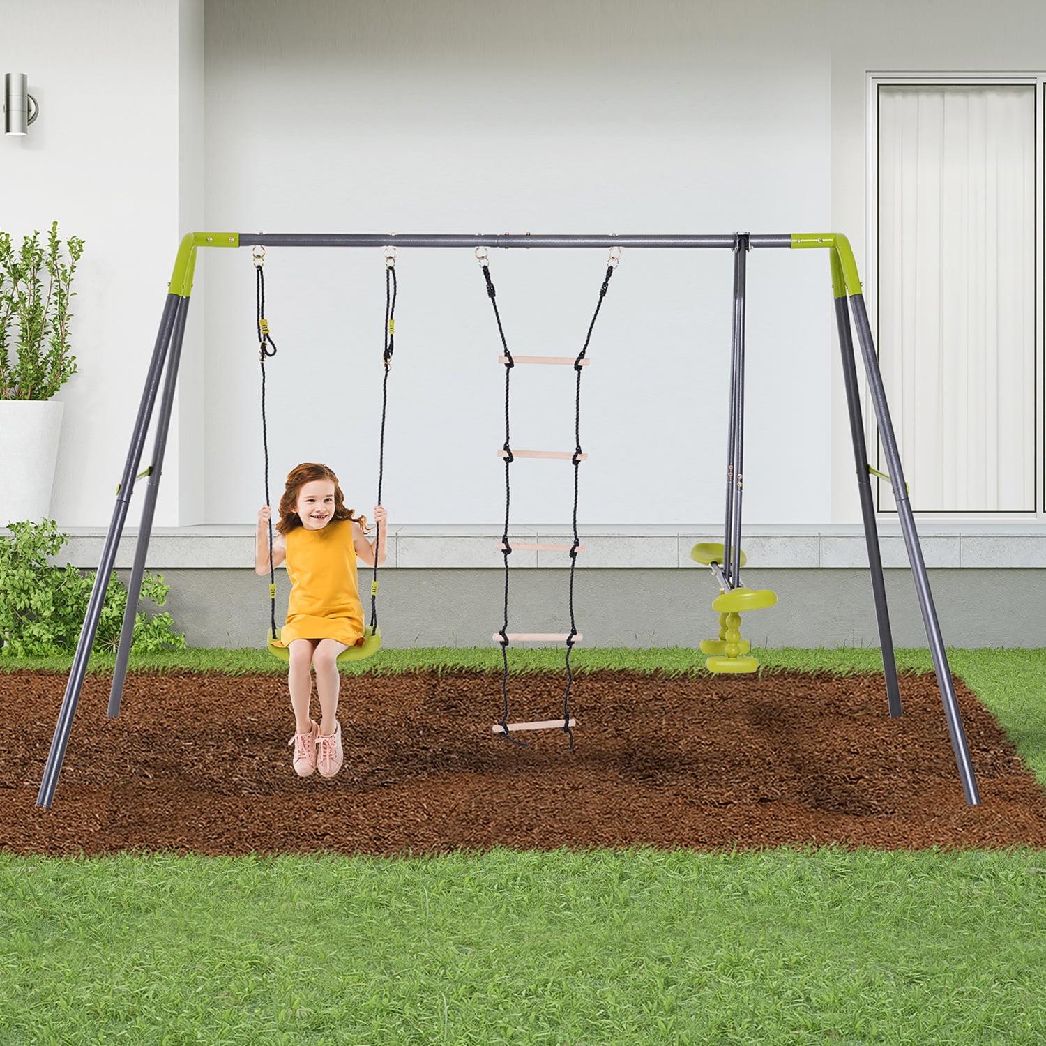 Gray 3-in-1 Kids Metal Swing Set with Climbing Ladder