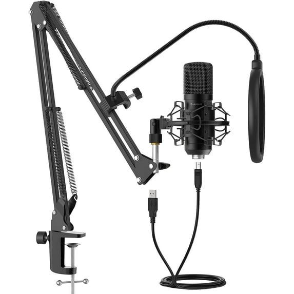 Amcrest USB Microphone for Voice Recordings, Podcasts, Gaming, Online Conferences, Live Streaming, Cardioid Microphone with Boom Arm, Pop-Filter, Shock Mount, AM430-BPS