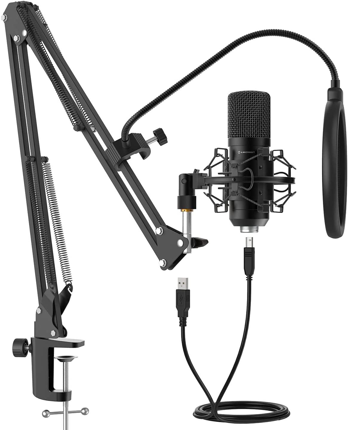 Amcrest USB Microphone for Voice Recordings, Podcasts, Gaming, Online Conferences, Live Streaming, Cardioid Microphone with Boom Arm, Pop-Filter, Shock Mount, AM430-BPS