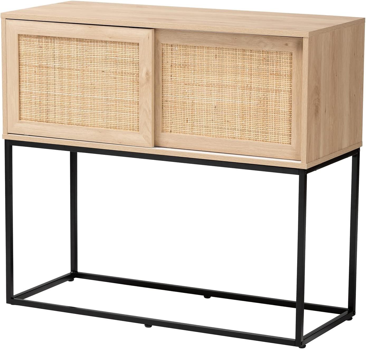 Amelia 42.9" Natural Brown Wood and Black Metal Rattan Sideboard