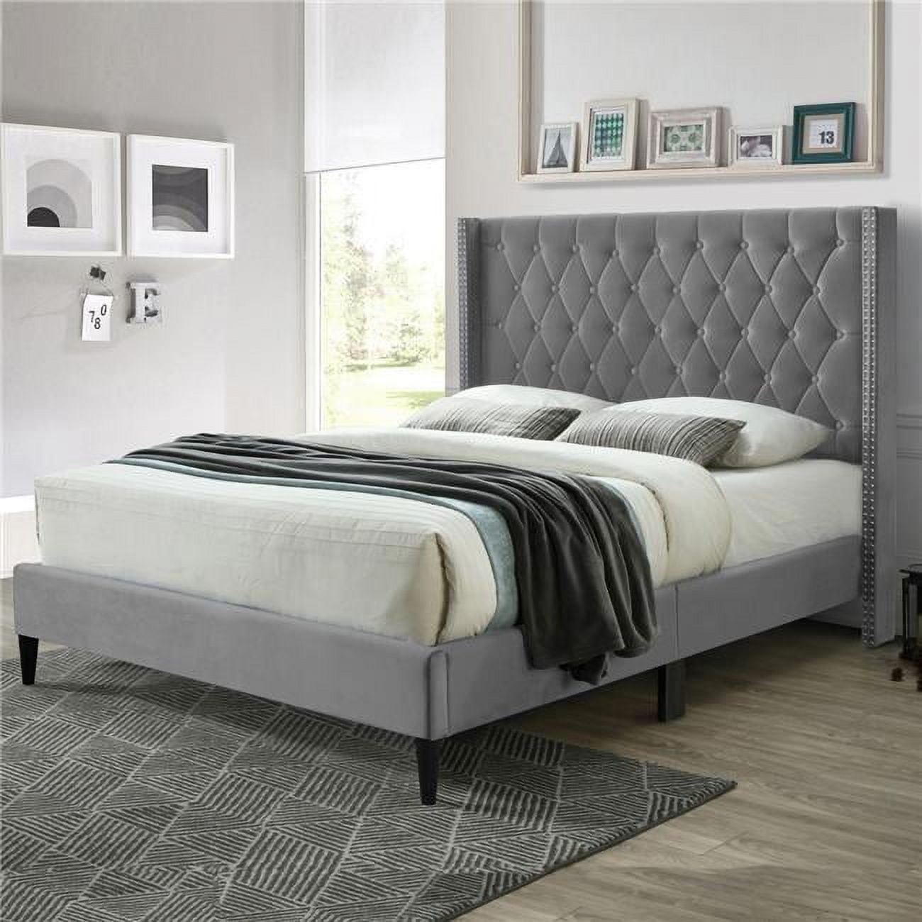 Amelia Gray Velvet Queen Platform Bed with Tufted Nailhead Headboard