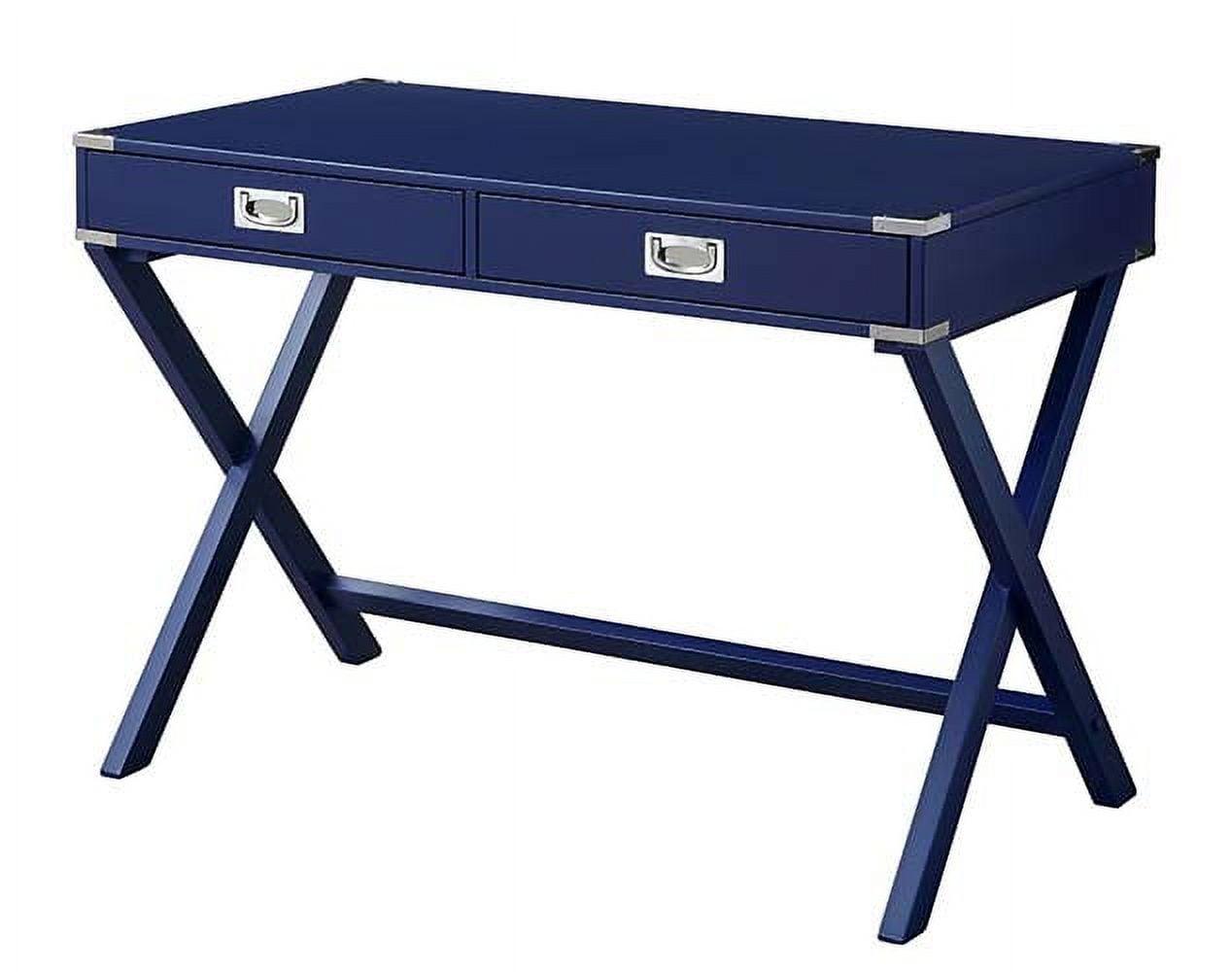 Amenia Blue Finish Rectangular Writing Desk with X-Shaped Base and Metal Accents