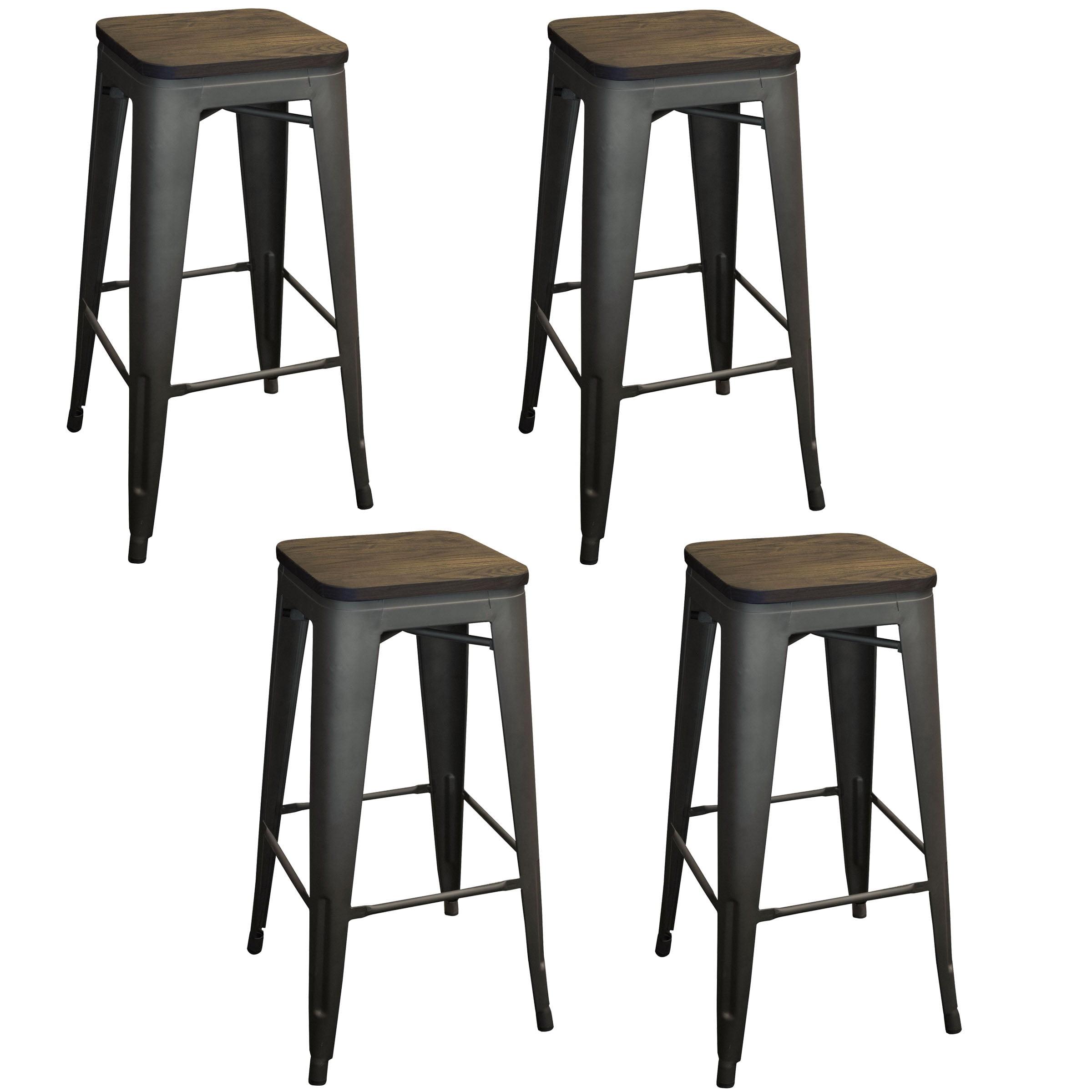 Rustic Gunmetal 30" Metal Bar Stools with Wood Seats, Set of 4