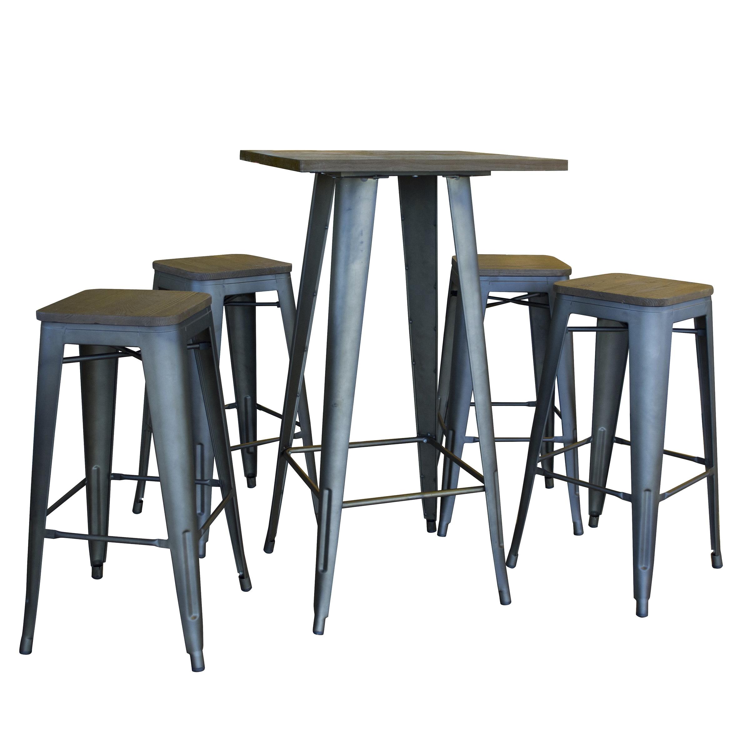 Dark Elm and Gunmetal Industrial Pub Table Set with 4 Stools