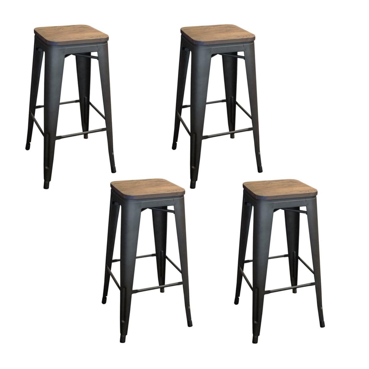 Rustic Gunmetal 30" Metal Bar Stools with Wood Seats, Set of 4