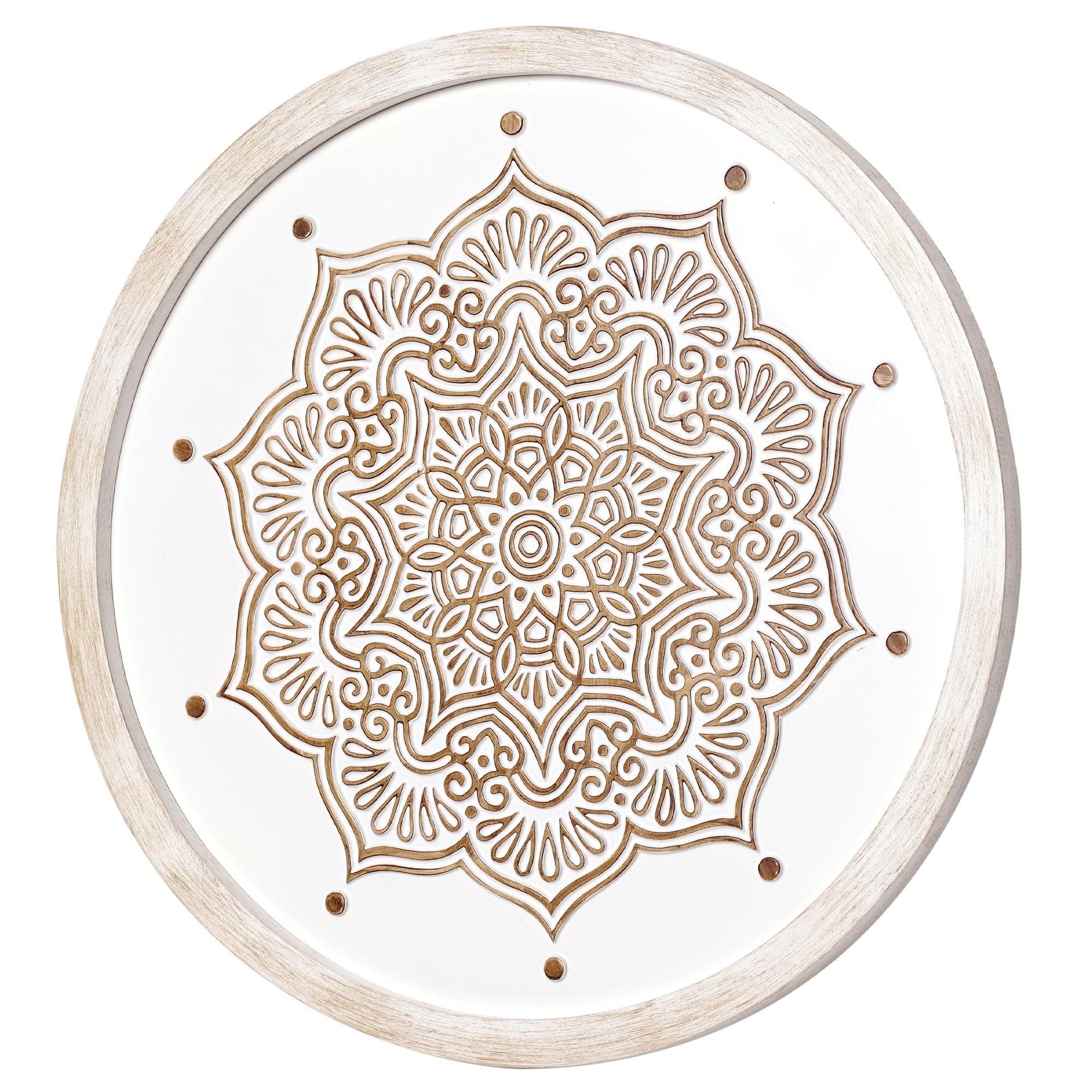 American Art Decor Boho Farmhouse Wood Framed Wall Medallion - White, Brown 17"