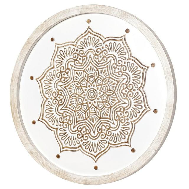 American Art Decor Boho Farmhouse Wood Framed Wall Medallion - White, Brown 17"