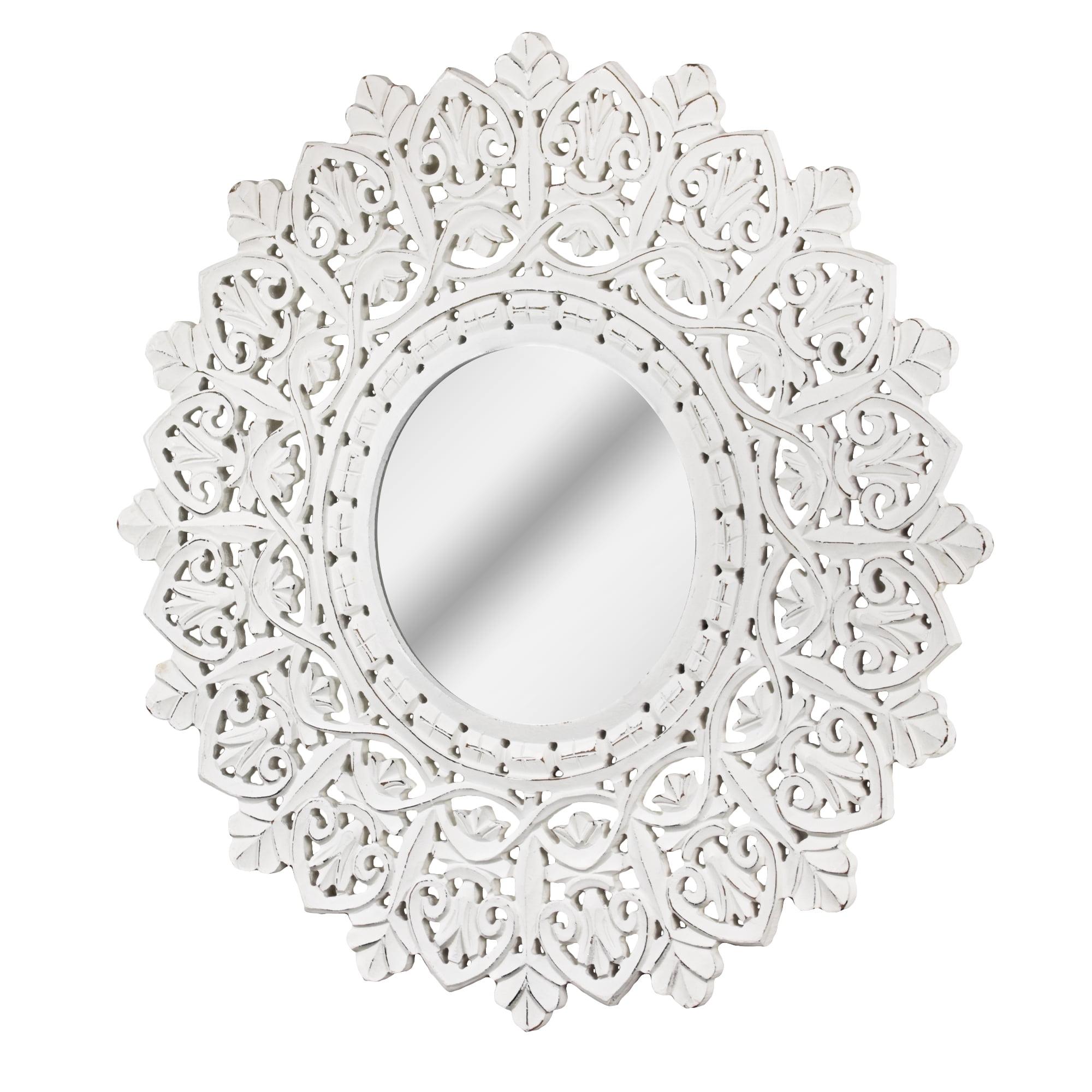 Hand-Carved Sunburst Medallion Wall Mirror in White Wood (31")