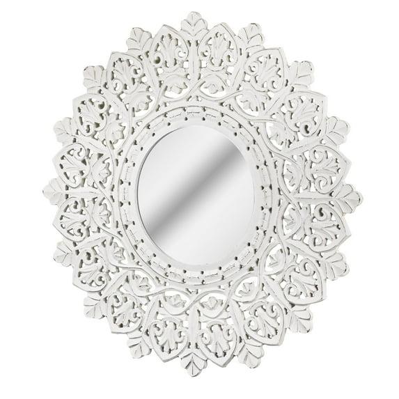 American Art Decor Hand-Carved Wood Medallion Sunburst Accent Mirror – White (31")